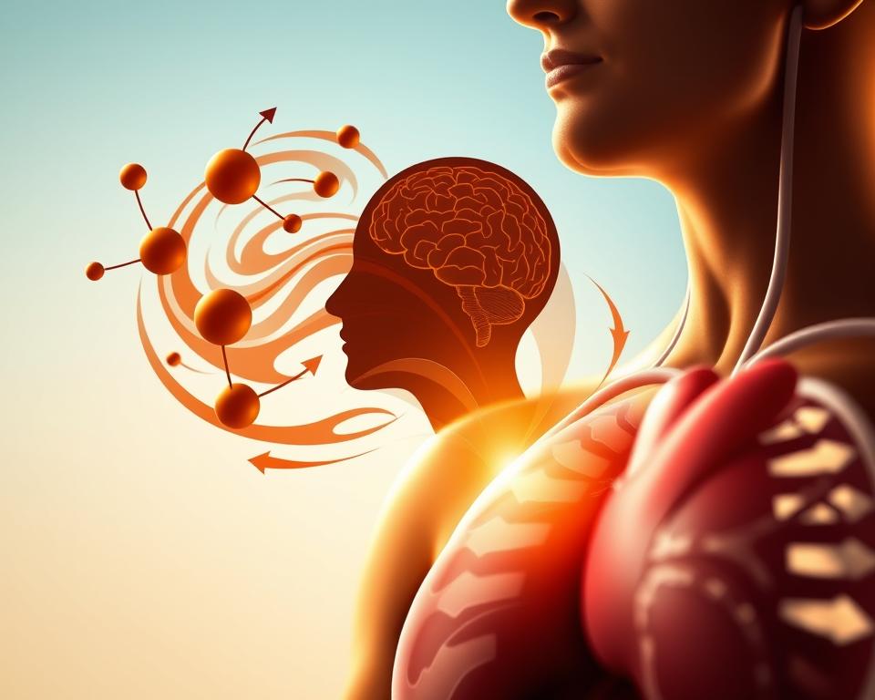 A close-up, detailed illustration of the mechanism of caffeine action in the human body. Foreground: a stylized human silhouette with visible internal organs, particularly the brain and heart, highlighted to denote the effects of caffeine. Middle ground: swirling, dynamic graphics representing caffeine molecules engaging with neurotransmitters and the central nervous system, interspersed with arrows indicating stimulation. Background: a soft gradient that transitions from a warm coffee brown at the bottom to a lighter sky blue at the top, evoking energy and clarity. Light should be bright and engaging, casting soft shadows that enhance the 3D quality of the elements. The overall mood should be energetic and scientific, conveying a sense of active engagement within the body. No text or watermarks should be included. A close-up, detailed illustration of the mechanism of caffeine action in the human body. Foreground: a stylized human silhouette with visible internal organs, particularly the brain and heart, highlighted to denote the effects of caffeine. Middle ground: swirling, dynamic graphics representing caffeine molecules engaging with neurotransmitters and the central nervous system, interspersed with arrows indicating stimulation. Background: a soft gradient that transitions from a warm coffee brown at the bottom to a lighter sky blue at the top, evoking energy and clarity. Light should be bright and engaging, casting soft shadows that enhance the 3D quality of the elements. The overall mood should be energetic and scientific, conveying a sense of active engagement within the body. No text or watermarks should be included.
