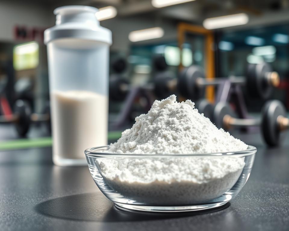 A close-up image of a vibrant white crystalline powder representing chlorowodorek kreatyny, or creatine hydrochloride, neatly piled in a small glass dish. In the foreground, the crystals glisten under soft, natural light, highlighting their texture. In the middle ground, a sleek, modern protein shaker bottle stands upright, emphasizing fitness and nutrition. In the background, a blurred gym setting features weights and workout equipment, adding context to the use of creatine in training. The overall atmosphere is energetic and motivational, inspiring a sense of health and performance enhancement. The image should focus on the purity and effectiveness of the creatine HCL, creating a clean and professional aesthetic with no text or distractions.