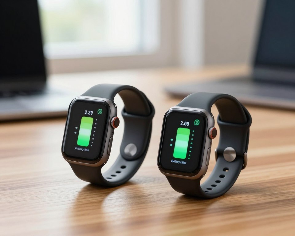 A close-up view of a modern smartwatch and a sleek smartband placed side by side on a minimalist wooden desk. The foreground showcases their vibrant screens displaying battery percentage indicators, highlighting the differences in battery life. In the middle ground, subtle light reflections enhance the glossy finish of the devices. The background features a blurred tech workspace with soft, natural lighting filtering through a window, creating an inviting atmosphere. The composition conveys a sense of innovation and functionality, emphasizing the technical aspects of battery life. The overall mood is professional and informative, perfect for illustrating the topic of battery longevity in wearable tech. A close-up view of a modern smartwatch and a sleek smartband placed side by side on a minimalist wooden desk. The foreground showcases their vibrant screens displaying battery percentage indicators, highlighting the differences in battery life. In the middle ground, subtle light reflections enhance the glossy finish of the devices. The background features a blurred tech workspace with soft, natural lighting filtering through a window, creating an inviting atmosphere. The composition conveys a sense of innovation and functionality, emphasizing the technical aspects of battery life. The overall mood is professional and informative, perfect for illustrating the topic of battery longevity in wearable tech.
