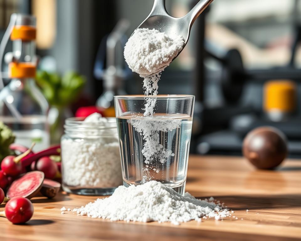 A close-up view of creatine HCL, presented as white crystalline powder, elegantly displayed in a glass container on a wooden surface. In the foreground, the container is surrounded by a few raw ingredients like beetroot and fruits, symbolizing natural sources of energy. In the middle, a spatula is slowly pouring creatine into a clear glass of water, with bubbles rising to the surface, indicating its dissolving process. The background features soft-focus scientific equipment and a blurred gym setting, suggesting its fitness application. The lighting is bright yet soft, casting gentle shadows that highlight the texture of the powder. The overall mood is informative and energetic, accentuating the detailed differences between creatine monohydrate and HCL.
