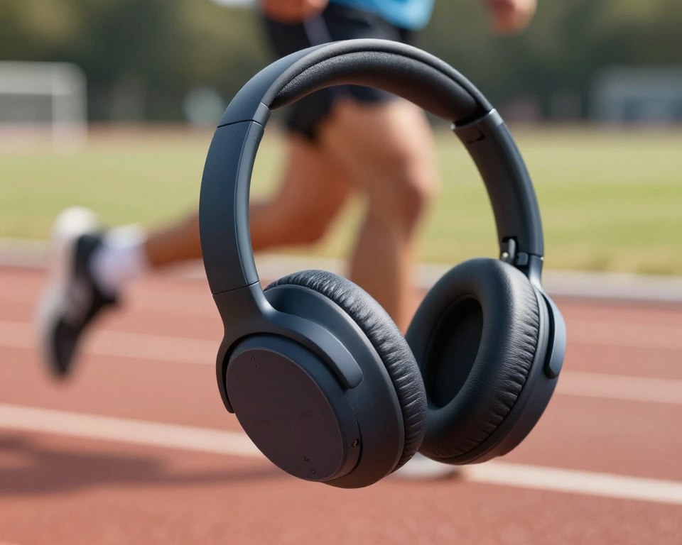 A close-up view of high-quality running headphones designed for men, showcasing a sleek and modern aesthetic. The headphones should have soft ear pads for comfort and advanced features for noise cancellation. In the foreground, the headphones are positioned elegantly, with details such as the texture of the materials and a subtle brand logo visible. The middle ground features a blurred, dynamic background of a running track, emphasizing an active lifestyle. Soft, natural daylight filters through, casting gentle shadows that enhance the three-dimensional shape of the headphones. The mood is energetic and focused, suggesting a perfect blend of sound quality and noise reduction ideal for running enthusiasts. A close-up view of high-quality running headphones designed for men, showcasing a sleek and modern aesthetic. The headphones should have soft ear pads for comfort and advanced features for noise cancellation. In the foreground, the headphones are positioned elegantly, with details such as the texture of the materials and a subtle brand logo visible. The middle ground features a blurred, dynamic background of a running track, emphasizing an active lifestyle. Soft, natural daylight filters through, casting gentle shadows that enhance the three-dimensional shape of the headphones. The mood is energetic and focused, suggesting a perfect blend of sound quality and noise reduction ideal for running enthusiasts.