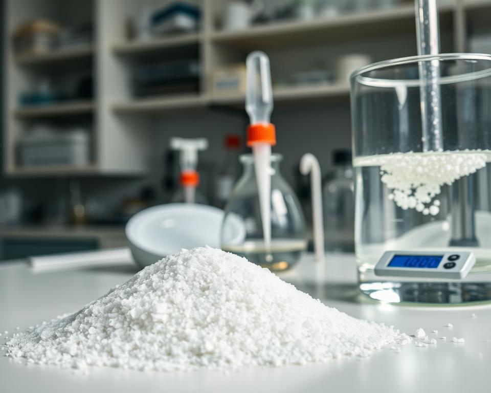 A close-up view of magnesium oxide (tlenek magnezu) crystals on a laboratory countertop, the crystals exhibiting a fine white crystalline structure with subtle shimmers reflecting light. In the foreground, a glass beaker filled with a clear solution has small magnesium oxide particles suspended within, creating a visual contrast. The middle ground showcases scientific instruments, including a pipette and a digital scale, subtly illuminated by soft, diffused lighting from the left, emphasizing a sterile, professional environment. The background features blurred shelves of laboratory equipment, enhancing the focus on the subject. The overall mood is one of scientific inquiry, inviting curiosity about the properties of magnesium oxide amidst the tools of exploration and discovery. A close-up view of magnesium oxide (tlenek magnezu) crystals on a laboratory countertop, the crystals exhibiting a fine white crystalline structure with subtle shimmers reflecting light. In the foreground, a glass beaker filled with a clear solution has small magnesium oxide particles suspended within, creating a visual contrast. The middle ground showcases scientific instruments, including a pipette and a digital scale, subtly illuminated by soft, diffused lighting from the left, emphasizing a sterile, professional environment. The background features blurred shelves of laboratory equipment, enhancing the focus on the subject. The overall mood is one of scientific inquiry, inviting curiosity about the properties of magnesium oxide amidst the tools of exploration and discovery.