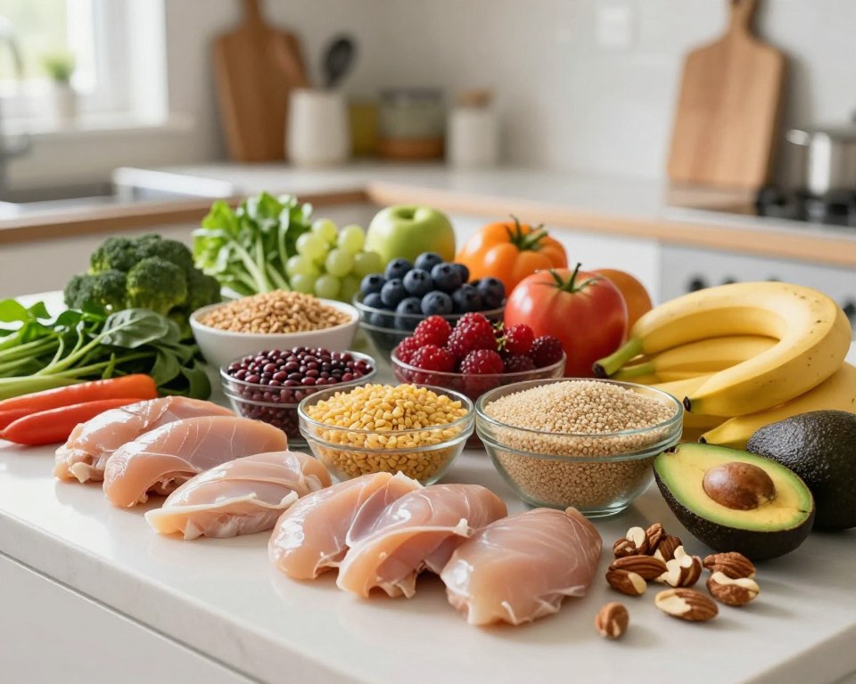 A colorful and informative arrangement of various nutrient-rich foods displayed on a kitchen countertop. In the foreground, a selection of lean proteins like chicken breast, fish, and legumes, alongside carbohydrates such as whole grains, brown rice, and quinoa. Fresh vegetables such as broccoli and spinach add a vibrant touch, while healthy fats like avocados and nuts are also included. The middle layers feature well-organized bowls of fruits, like berries and bananas, showcasing their natural colors. In the background, softly blurred kitchen utensils and cutting boards create a warm, inviting atmosphere. Natural light filters in through a window, creating a bright and cheerful ambience. The scene emphasizes the importance of a balanced diet, reflecting a healthy lifestyle.