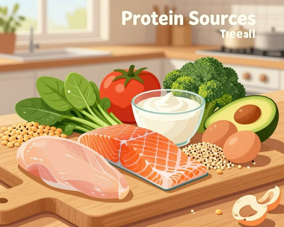 A colorful and informative illustration of the best protein sources for men in a daily diet. In the foreground, display a variety of protein-rich foods such as chicken breast, salmon fillets, Greek yogurt, eggs, lentils, and quinoa neatly arranged on a wooden cutting board. In the middle ground, include vibrant fruits and vegetables like spinach, broccoli, and avocados to emphasize a balanced diet. The background should softly blur into a cozy kitchen setting with natural light filtering through a window, creating a warm and inviting atmosphere. Capture the scene from a top-down angle to highlight the foods' textures and colors, evoking a nutritious and health-focused mood. No text or overlay elements should be present.