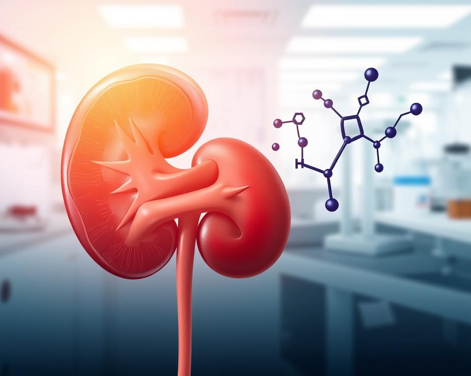 A conceptual and educational illustration showcasing the relationship between creatine and kidney filtration. In the foreground, a detailed anatomical representation of a kidney, emphasizing the nephrons and filtration process in a vibrant color palette. In the middle ground, visual elements such as biochemical structures symbolizing creatine, depicted in a scientific and artistic manner. The background features a soft-focus image of a laboratory setting, with equipment and charts relevant to kidney health. Use bright, natural lighting to ensure clarity and enhance the educational aspect of the image. Capture an analytical and informative mood, highlighting the scientific exploration of creatine's effects on kidney function. Avoid any human figures, keeping the focus on the biological and scientific elements. A conceptual and educational illustration showcasing the relationship between creatine and kidney filtration. In the foreground, a detailed anatomical representation of a kidney, emphasizing the nephrons and filtration process in a vibrant color palette. In the middle ground, visual elements such as biochemical structures symbolizing creatine, depicted in a scientific and artistic manner. The background features a soft-focus image of a laboratory setting, with equipment and charts relevant to kidney health. Use bright, natural lighting to ensure clarity and enhance the educational aspect of the image. Capture an analytical and informative mood, highlighting the scientific exploration of creatine's effects on kidney function. Avoid any human figures, keeping the focus on the biological and scientific elements.