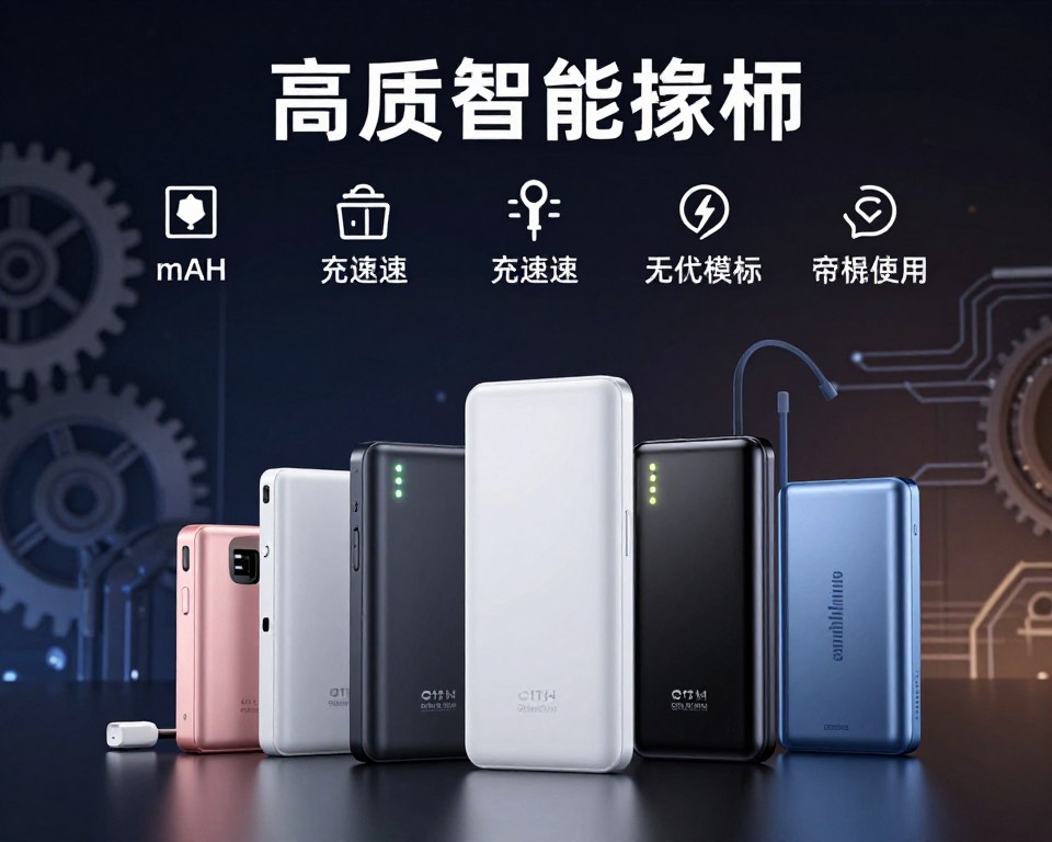 A detailed and informative illustration focusing on power bank quality indicators and features. In the foreground, display a selection of power banks with different capacities, showcasing their unique features such as LED indicators, USB ports, and sleek designs. In the middle ground, include a variety of icons representing different quality indicators like mAh rating, charging speed, and safety certifications. The background should feature a tech-inspired setting with subtle gears and circuits, hinting at advanced technology. Use soft, ambient lighting to create a modern and engaging atmosphere, focusing on highlights that draw attention to the quality attributes. The image should evoke a sense of reliability and innovation, without any text or branding elements.