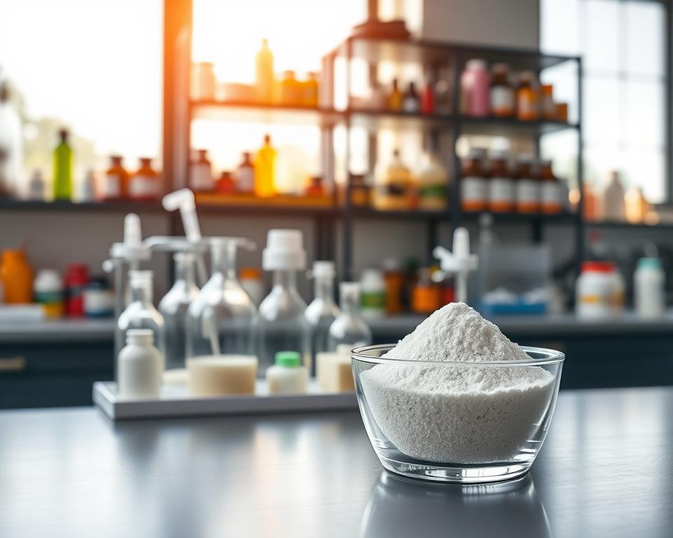 A detailed composition featuring chlorowodorek kreatyny (creatine hydrochloride) in a laboratory setting. In the foreground, a clear glass container showcasing white crystalline powder, reflecting light to emphasize its purity. In the middle, a well-organized lab bench with scientific instruments like pipettes and beakers, all bathed in soft natural lighting. The background includes shelves filled with colorful supplement bottles and a large window allowing for a warm, inviting glow. The atmosphere is energetic yet focused, suggesting a serious approach to fitness and supplementation. Use a slightly angled perspective to create depth, making the chlorowodorek kreatyny the clear focal point of the image while maintaining a professional and clean aesthetic.