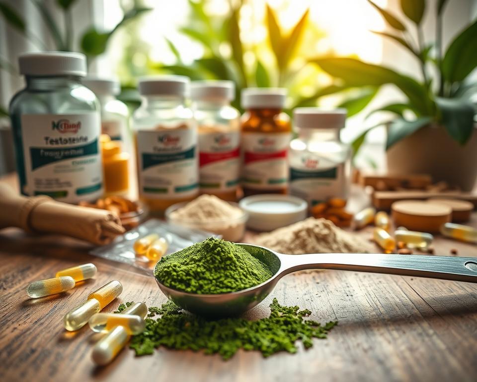 A detailed flat lay composition showing key ingredients of testosterone-boosting supplements, arranged on a wooden table. Include capsules, powders, and other natural ingredients like ginseng, zinc, and fenugreek. In the foreground, highlight a measuring spoon filled with a vibrant green powder, signifying a natural source. The middle ground features clear bottles with sleek labels showcasing their contents. The background softly blurred displays a warm, natural light filtering through plants, creating an inviting and health-focused atmosphere. Use a slight top-down angle to capture the arrangement, emphasizing the texture of the ingredients. The mood should evoke professionalism and well-being, suitable for an informative article on the topic.