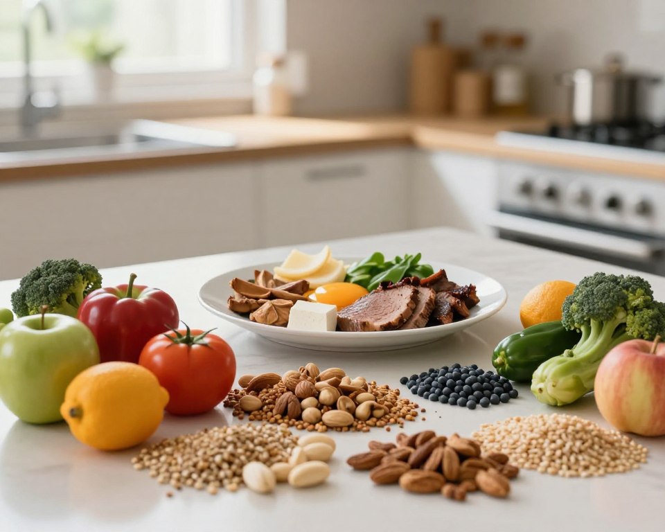 A detailed flat lay of essential micronutrients and dietary components beneficial for men's health. In the foreground, display a variety of colorful fruits, vegetables, nuts, and whole grains arranged artfully, symbolizing micronutrients like zinc, magnesium, and vitamins. In the middle, place a white plate with a balanced meal showcasing lean proteins and healthy fats, emphasizing their role in testosterone levels. The background should feature a softly blurred kitchen environment with natural light coming through a window, creating a warm and inviting atmosphere. A subtle bokeh effect enhances the focus on the food while retaining an inviting and educational mood, ideal for conveying the importance of micronutrients in a man's diet. A detailed flat lay of essential micronutrients and dietary components beneficial for men's health. In the foreground, display a variety of colorful fruits, vegetables, nuts, and whole grains arranged artfully, symbolizing micronutrients like zinc, magnesium, and vitamins. In the middle, place a white plate with a balanced meal showcasing lean proteins and healthy fats, emphasizing their role in testosterone levels. The background should feature a softly blurred kitchen environment with natural light coming through a window, creating a warm and inviting atmosphere. A subtle bokeh effect enhances the focus on the food while retaining an inviting and educational mood, ideal for conveying the importance of micronutrients in a man's diet.