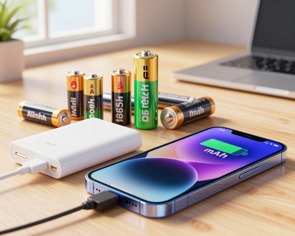 A detailed illustration depicting the concept of mAh and battery capacity. In the foreground, a close-up view of a sleek, modern smartphone connected to a portable power bank, showing a vibrant display screen indicating battery percentage and mAh values. The middle ground features a scatter of batteries in various sizes, including AA and 18650 types, clearly labeled with their mAh ratings. In the background, a soft-focus setting of a cozy workspace, with natural light streaming through a window, creating a warm atmosphere. This image emphasizes understanding battery capacity and its significance, capturing the mood of curiosity and exploration in technology. The color palette is bright and engaging, enhancing the visual appeal without the inclusion of any text or branding.