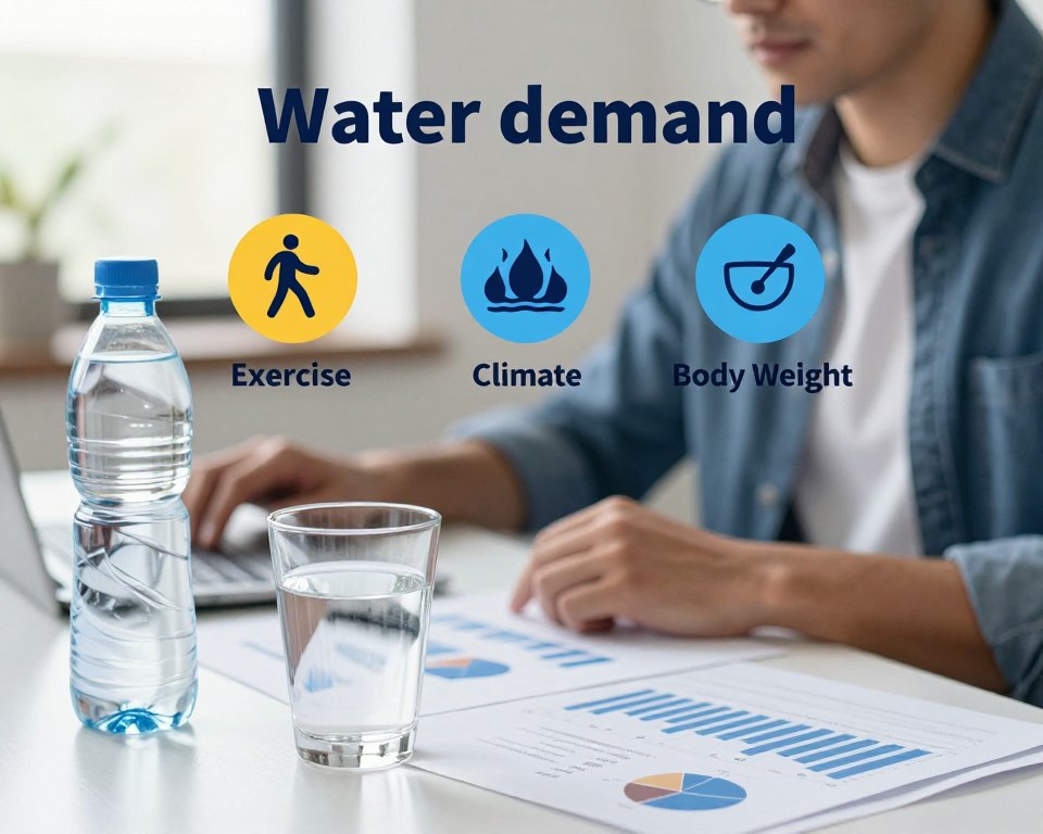 A detailed infographic illustrating the factors influencing water demand, featuring a professional man in modest casual clothing, sitting at a desk surrounded by charts and graphs. In the foreground, a glass of water and a water bottle are prominently displayed, symbolizing hydration. The middle of the image highlights various icons representing key factors: exercise, climate, body weight, and diet, each icon artistically integrated into the layout. The background shows a blurred office environment with natural lighting streaming in through a window, creating a bright and inviting atmosphere. The overall mood is informative and professional, focusing on the importance of understanding individual water needs in daily life.