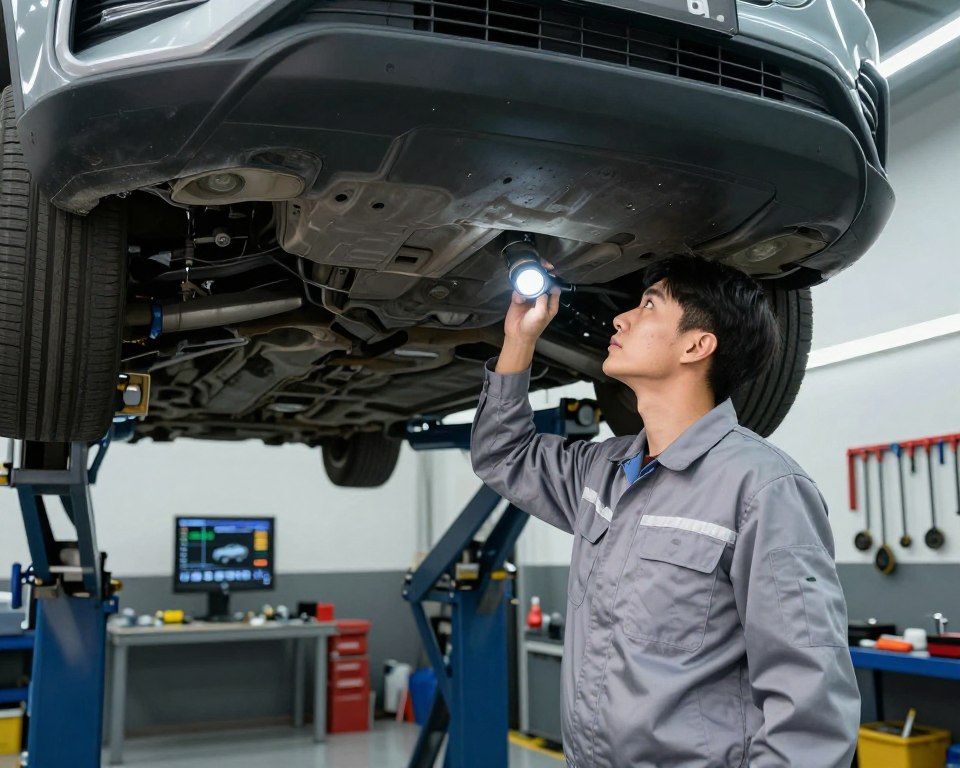 A detailed vehicle registration inspection scene set within a modern automotive workshop. In the foreground, a professional-looking automotive technician in a clean, modest uniform is closely examining a car's undercarriage with a flashlight, showcasing their careful attention to detail. The middle ground features a car on a hydraulic lift, with various tools and safety equipment neatly arranged around it. The background includes workshop elements such as diagnostic screens displaying vehicle data, hanging tools, and bright, overhead LED lights illuminating the entire space. The atmosphere is focused and professional, emphasizing the importance of vehicle safety inspections. Shot from a low angle to capture the technician's engagement with the vehicle, conveying a sense of diligence and expertise in vehicle maintenance and safety. A detailed vehicle registration inspection scene set within a modern automotive workshop. In the foreground, a professional-looking automotive technician in a clean, modest uniform is closely examining a car's undercarriage with a flashlight, showcasing their careful attention to detail. The middle ground features a car on a hydraulic lift, with various tools and safety equipment neatly arranged around it. The background includes workshop elements such as diagnostic screens displaying vehicle data, hanging tools, and bright, overhead LED lights illuminating the entire space. The atmosphere is focused and professional, emphasizing the importance of vehicle safety inspections. Shot from a low angle to capture the technician's engagement with the vehicle, conveying a sense of diligence and expertise in vehicle maintenance and safety.