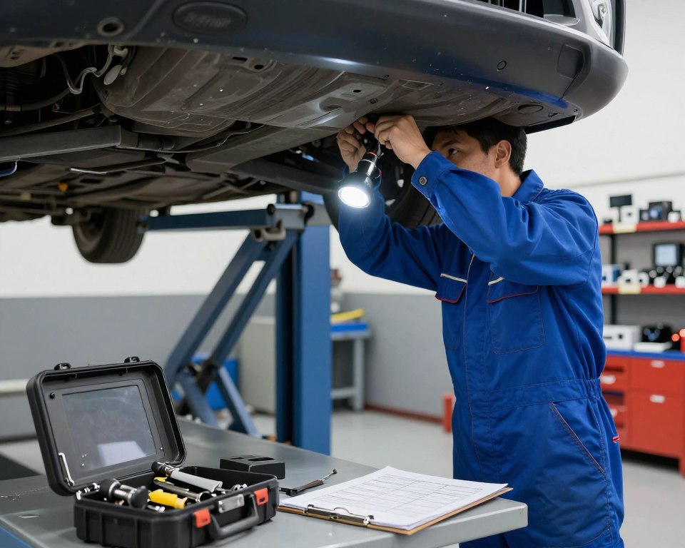 A detailed view of a vehicle inspection scene, focusing on a professional mechanic in a clean garage environment. The mechanic, dressed in a neat blue jumpsuit, is examining the car's undercarriage using a flashlight, highlighting the inspection procedures. In the foreground, tools and inspection equipment are neatly arranged, accented with soft lighting to create an inviting atmosphere. The middle section features the car on a hydraulic lift, showcasing the mechanics of the vehicle while displaying various cost labels and charts on a clipboard nearby. In the background, shelves filled with automotive parts and diagnostic tools are slightly out of focus, completing the professional and informative atmosphere of the scene. The overall mood is technical and precise, emphasizing the diligence of vehicle registration checks and costs involved. A detailed view of a vehicle inspection scene, focusing on a professional mechanic in a clean garage environment. The mechanic, dressed in a neat blue jumpsuit, is examining the car's undercarriage using a flashlight, highlighting the inspection procedures. In the foreground, tools and inspection equipment are neatly arranged, accented with soft lighting to create an inviting atmosphere. The middle section features the car on a hydraulic lift, showcasing the mechanics of the vehicle while displaying various cost labels and charts on a clipboard nearby. In the background, shelves filled with automotive parts and diagnostic tools are slightly out of focus, completing the professional and informative atmosphere of the scene. The overall mood is technical and precise, emphasizing the diligence of vehicle registration checks and costs involved.
