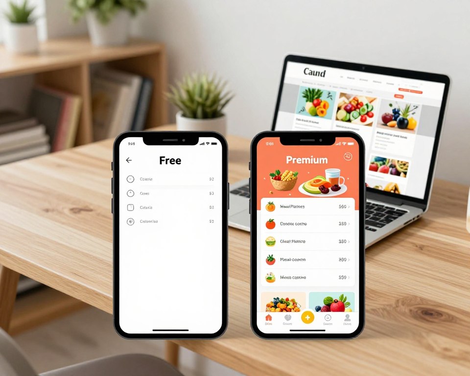 A digital illustration comparing free and premium versions of calorie counting apps. In the foreground, depict two distinct smartphone screens side by side. The free version should have a simple, minimalistic interface with basic calorie tracking features, while the premium version showcases advanced functionalities like meal planning and nutritional analysis, adorned with vibrant colors and graphics. In the middle ground, a clean, modern workspace with a wooden desk and a laptop open to a nutrition-focused website enhances the setting. In the background, soft-focus shelves filled with health-related books and plants create a calming atmosphere. Use bright, natural lighting to convey a sense of clarity and professionalism, captured with a slight overhead angle for a comprehensive view. The overall mood should be informative and engaging, inviting the viewer to explore the differences between the two app versions. A digital illustration comparing free and premium versions of calorie counting apps. In the foreground, depict two distinct smartphone screens side by side. The free version should have a simple, minimalistic interface with basic calorie tracking features, while the premium version showcases advanced functionalities like meal planning and nutritional analysis, adorned with vibrant colors and graphics. In the middle ground, a clean, modern workspace with a wooden desk and a laptop open to a nutrition-focused website enhances the setting. In the background, soft-focus shelves filled with health-related books and plants create a calming atmosphere. Use bright, natural lighting to convey a sense of clarity and professionalism, captured with a slight overhead angle for a comprehensive view. The overall mood should be informative and engaging, inviting the viewer to explore the differences between the two app versions.