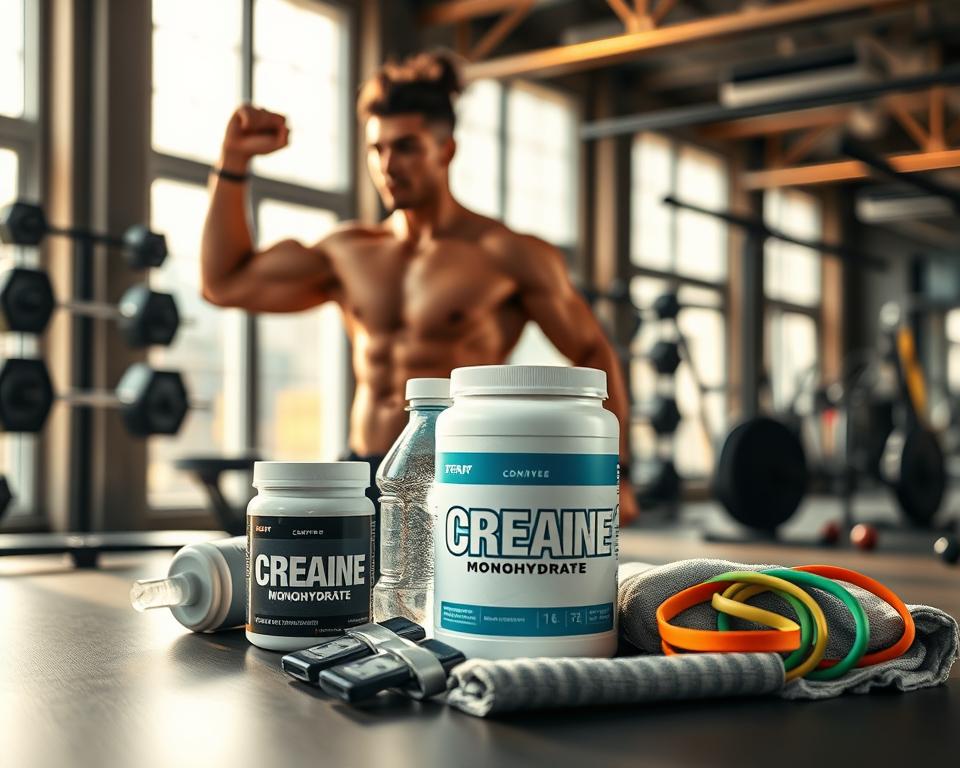 A dynamic composition showcasing the first effects of creatine supplementation. In the foreground, a fit individual in modest athletic wear is engaging in a strength training exercise, showcasing visible muscle definition and a determined expression. In the middle ground, various supplements, including a container of creatine monohydrate, are neatly arranged alongside a water bottle and a towel, emphasizing nutritional preparation. The background features a well-lit gym environment with exercise equipment such as weights and resistance bands, creating an atmosphere of active lifestyle and motivation. Natural light streams in through large windows, casting a warm glow that enhances the productive mood. The image captures the essence of growth and progress in fitness, visually representing the subject of waiting for initial results from creatine use.