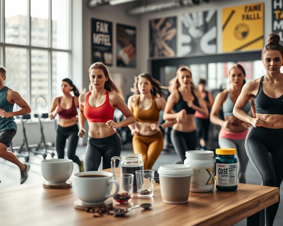A dynamic fitness environment showcasing the effects of caffeine on fat metabolism. In the foreground, a diverse group of athletes, both male and female, in professional athletic wear, energetically engaged in various exercises, such as running and weightlifting. Their expressions reflect determination and focus. The middle ground features a table with coffee cups, measuring spoons, and energy supplements, symbolizing caffeine intake. In the background, a bright and spacious gym with motivational posters and exercise equipment, illuminated by soft, natural lighting that creates an energized atmosphere. A slightly angled view from above emphasizes the action and energy in the scene, capturing the essence of caffeine’s role in enhancing sports performance. A dynamic fitness environment showcasing the effects of caffeine on fat metabolism. In the foreground, a diverse group of athletes, both male and female, in professional athletic wear, energetically engaged in various exercises, such as running and weightlifting. Their expressions reflect determination and focus. The middle ground features a table with coffee cups, measuring spoons, and energy supplements, symbolizing caffeine intake. In the background, a bright and spacious gym with motivational posters and exercise equipment, illuminated by soft, natural lighting that creates an energized atmosphere. A slightly angled view from above emphasizes the action and energy in the scene, capturing the essence of caffeine’s role in enhancing sports performance.