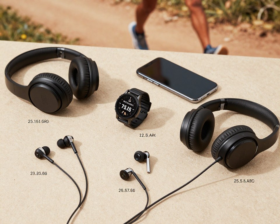 A flat lay composition showcasing a selection of running headphones on a textured background. In the foreground, display a variety of in-ear and over-ear headphones, each labeled with their price tags. The middle layer includes a runner’s wristwatch and a smartphone, highlighting the tech aspect of running gear. The background features blurred running trail visuals, suggesting an outdoor environment. Soft, natural lighting illuminates the items, creating a warm and inviting atmosphere. The angle is slightly above, providing a clear view of the headphones and accessories, allowing the viewer to appreciate the details and pricing perspective. The overall mood conveys a sense of fitness, technology, and modern lifestyle. A flat lay composition showcasing a selection of running headphones on a textured background. In the foreground, display a variety of in-ear and over-ear headphones, each labeled with their price tags. The middle layer includes a runner’s wristwatch and a smartphone, highlighting the tech aspect of running gear. The background features blurred running trail visuals, suggesting an outdoor environment. Soft, natural lighting illuminates the items, creating a warm and inviting atmosphere. The angle is slightly above, providing a clear view of the headphones and accessories, allowing the viewer to appreciate the details and pricing perspective. The overall mood conveys a sense of fitness, technology, and modern lifestyle.