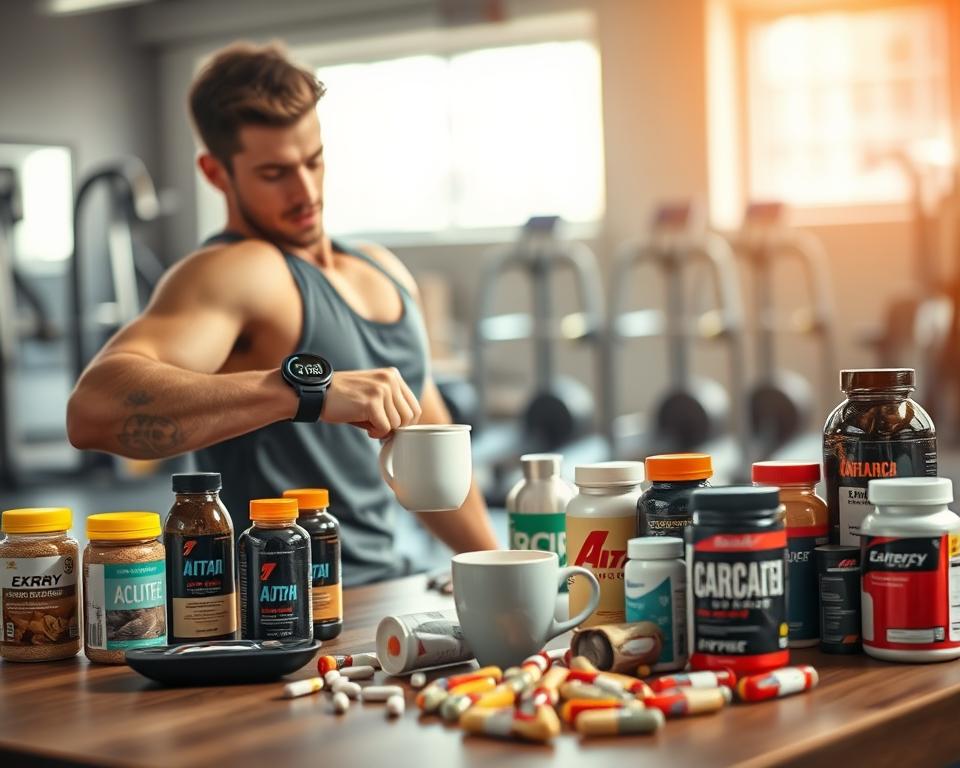 A focused and energetic individual preparing for a workout, surrounded by various caffeine sources such as coffee, energy drinks, and supplement pills. In the foreground, the person, dressed in comfortable athletic wear, is holding a steaming cup of coffee while looking at a fitness watch. In the middle, there's a table filled with different caffeine products, artfully arranged to highlight their variety. The background features a well-lit gym environment, with exercise equipment subtly blurred, emphasizing the subject. Natural light streams in from a window, creating an uplifting atmosphere that conveys motivation and readiness. The overall mood is dynamic and invigorating, perfectly capturing the essence of pre-workout caffeine preparation. A focused and energetic individual preparing for a workout, surrounded by various caffeine sources such as coffee, energy drinks, and supplement pills. In the foreground, the person, dressed in comfortable athletic wear, is holding a steaming cup of coffee while looking at a fitness watch. In the middle, there's a table filled with different caffeine products, artfully arranged to highlight their variety. The background features a well-lit gym environment, with exercise equipment subtly blurred, emphasizing the subject. Natural light streams in from a window, creating an uplifting atmosphere that conveys motivation and readiness. The overall mood is dynamic and invigorating, perfectly capturing the essence of pre-workout caffeine preparation.