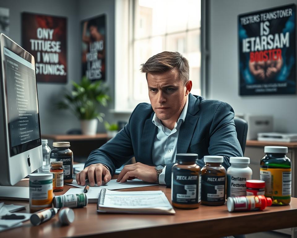A frustrated individual in a modern office setting, dressed in professional attire, sits at a desk cluttered with various testosterone booster supplements, looking at a computer screen displaying unimpressive results. The foreground features the person with a furrowed brow, conveying disappointment and uncertainty. In the middle, the desk is filled with open bottles, supplement containers, and a notepad with scribbled notes. The background should show office décor, like motivational posters about health and fitness, adding irony to the scene. Soft, natural lighting streams from a nearby window, casting a gentle glow that contrasts with the individual's frustration. The overall atmosphere is tense and contemplative, highlighting the disconnect between expectations and reality in testosterone supplementation.