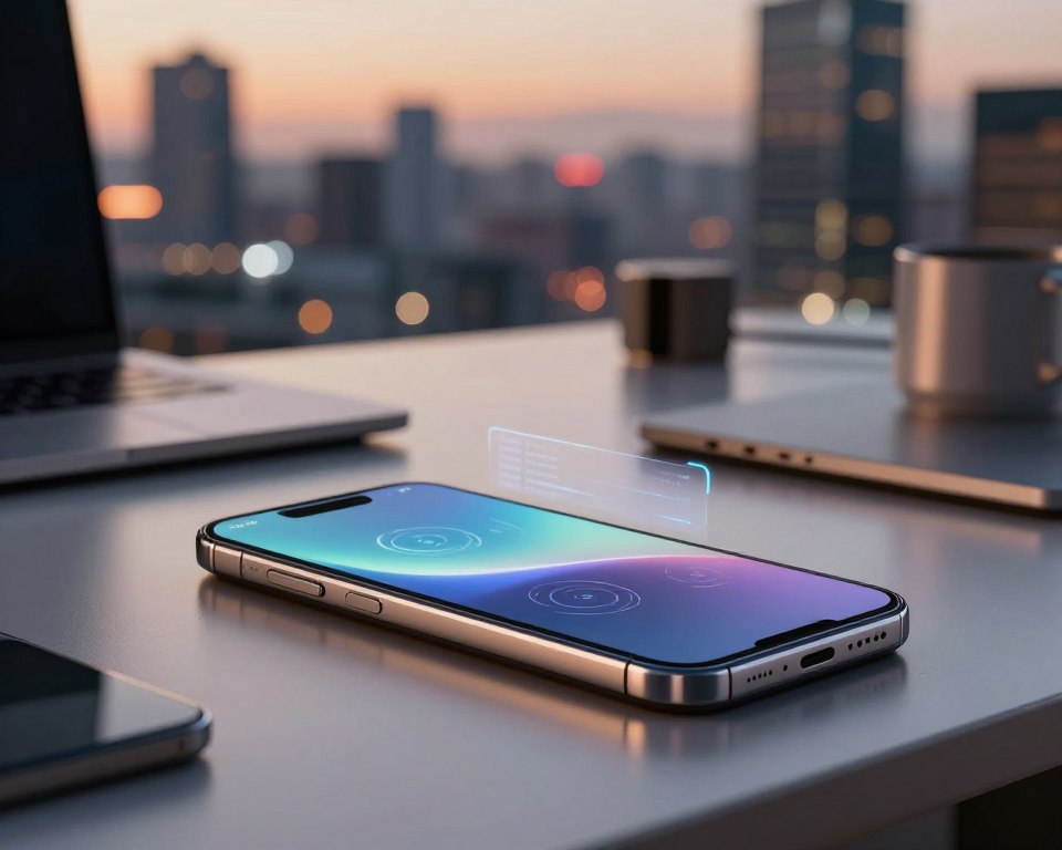 A futuristic smartphone with an innovative design, prominently displayed in the foreground on a sleek, modern table. The device showcases advanced features like an edge-to-edge OLED screen, holographic interface, and biometric sensors. In the middle ground, a subtle blur of high-tech gadgets and accessories, suggesting a tech-savvy lifestyle. The background features a soft-focus urban landscape at dusk, illuminated by city lights, creating a vibrant yet serene atmosphere. The scene is thoughtfully composed with warm lighting that casts gentle reflections off the device. Capture the mood of innovation and sophistication, emphasizing a blend of modern technology and everyday usability. Use a wide-angle lens for an immersive perspective, ensuring clarity and depth throughout the image.