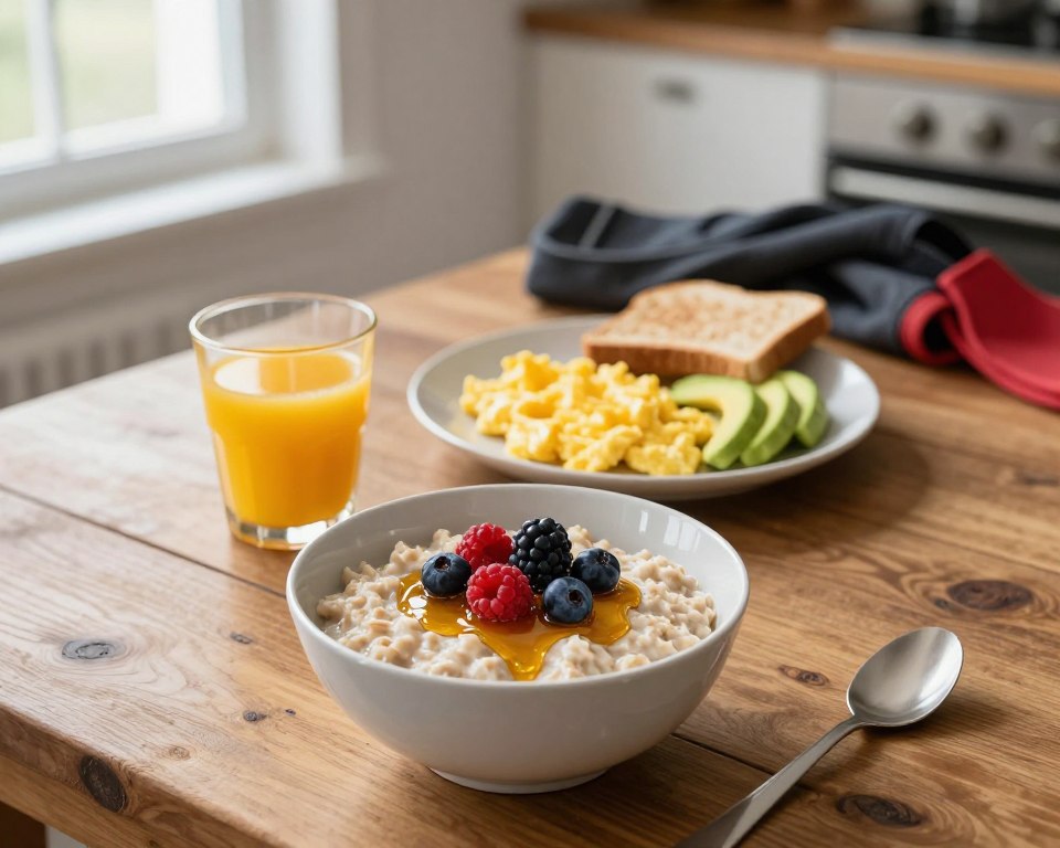 A healthy pre-workout meal served on a rustic wooden table. In the foreground, a bowl of oatmeal topped with fresh berries and a drizzle of honey, accompanied by a glass of orange juice. In the middle ground, a plate with scrambled eggs, avocado slices, and whole grain toast. Soft light is illuminating the scene from a nearby window, creating a warm and inviting atmosphere. The background shows a glimpse of a modern kitchen with workout gear casually placed, emphasizing the active lifestyle. The overall mood is energetic and motivating, reflecting the idea of fueling the body for exercise. Use a high angle to capture the composition, with a shallow depth of field to keep the focus on the meal. A healthy pre-workout meal served on a rustic wooden table. In the foreground, a bowl of oatmeal topped with fresh berries and a drizzle of honey, accompanied by a glass of orange juice. In the middle ground, a plate with scrambled eggs, avocado slices, and whole grain toast. Soft light is illuminating the scene from a nearby window, creating a warm and inviting atmosphere. The background shows a glimpse of a modern kitchen with workout gear casually placed, emphasizing the active lifestyle. The overall mood is energetic and motivating, reflecting the idea of fueling the body for exercise. Use a high angle to capture the composition, with a shallow depth of field to keep the focus on the meal.