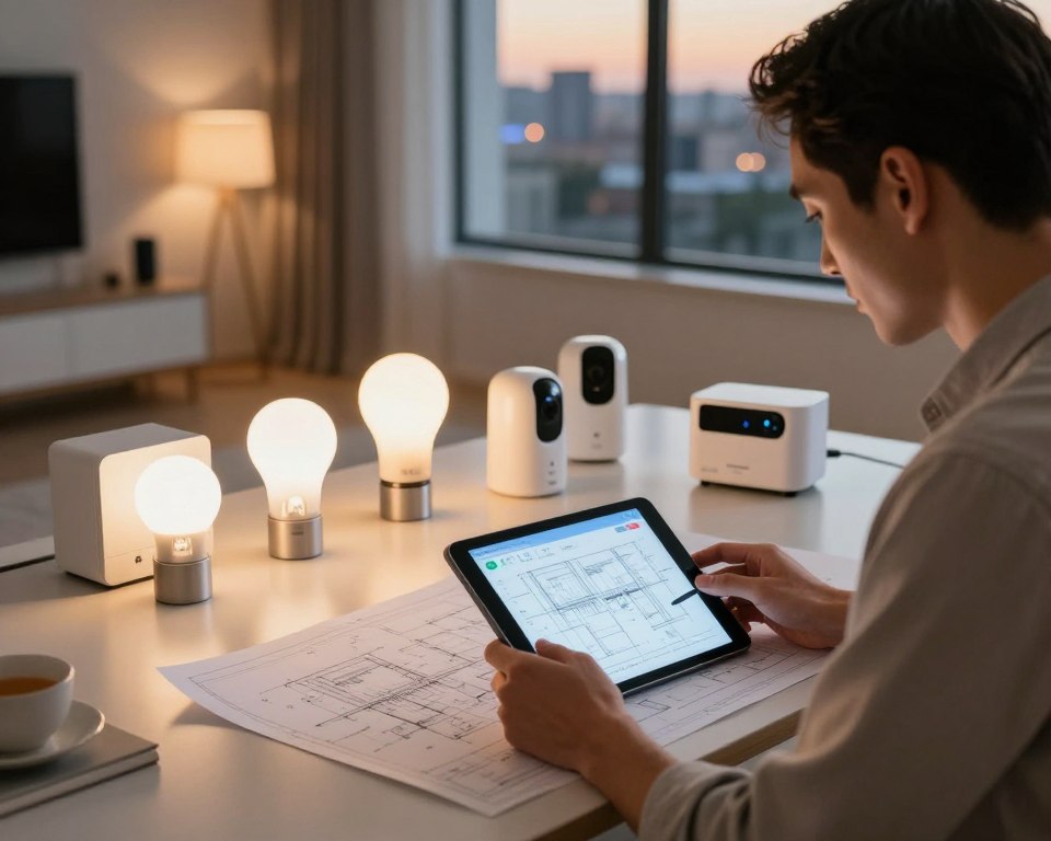 A modern and sleek room showcasing the planning of a smart home installation. In the foreground, a professional man in business casual attire is reviewing blueprints and digital design schematics on a tablet. The middle ground features a variety of smart home devices, such as smart bulbs, a thermostat, and home security cameras, arranged on a minimalist table. In the background, a large window reveals a cityscape at dusk, with warm ambient lighting illuminating the room. The atmosphere is focused and innovative, conveying a sense of future-ready technology and thoughtful planning. The scene is viewed from a slight high angle, capturing the depth of the space and the organized layout of devices and plans, all bathed in a soft, warm glow. A modern and sleek room showcasing the planning of a smart home installation. In the foreground, a professional man in business casual attire is reviewing blueprints and digital design schematics on a tablet. The middle ground features a variety of smart home devices, such as smart bulbs, a thermostat, and home security cameras, arranged on a minimalist table. In the background, a large window reveals a cityscape at dusk, with warm ambient lighting illuminating the room. The atmosphere is focused and innovative, conveying a sense of future-ready technology and thoughtful planning. The scene is viewed from a slight high angle, capturing the depth of the space and the organized layout of devices and plans, all bathed in a soft, warm glow.