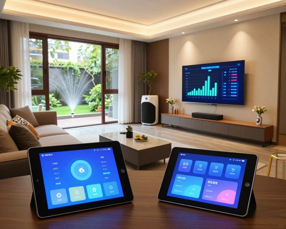 A modern living room showcasing various smart home automation scenarios. In the foreground, a sleek tablet displaying an intuitive interface for controlling lights, thermostat, and security systems. The middle zone features a well-designed smart speaker and wall-mounted screen with graphs illustrating energy consumption. To the back, large windows allow natural light to flood the space, revealing a garden with smart irrigation visible. The room is adorned with stylish furniture and contemporary décor, conveying a sense of comfort and sophistication. The atmosphere is warm and inviting, illuminated by soft, ambient lighting. The perspective is slightly elevated, capturing the room's layout and the integration of technology harmoniously into everyday living. A modern living room showcasing various smart home automation scenarios. In the foreground, a sleek tablet displaying an intuitive interface for controlling lights, thermostat, and security systems. The middle zone features a well-designed smart speaker and wall-mounted screen with graphs illustrating energy consumption. To the back, large windows allow natural light to flood the space, revealing a garden with smart irrigation visible. The room is adorned with stylish furniture and contemporary décor, conveying a sense of comfort and sophistication. The atmosphere is warm and inviting, illuminated by soft, ambient lighting. The perspective is slightly elevated, capturing the room's layout and the integration of technology harmoniously into everyday living.