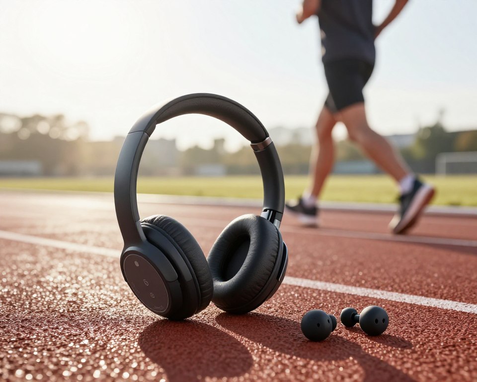 A modern pair of innovative wireless running headphones prominently displayed in the foreground, showcasing advanced features like touch controls, sweat-resistant materials, and customizable ear tips. The middle layer features a close-up of the headphones nestled against a backdrop of a running track, with a subtle sheen of dew on the surface, reflecting early morning sunlight. In the background, a blurred silhouette of a runner can be seen, emphasizing movement and energy. The lighting is bright and invigorating, simulating a sunny day ideal for outdoor activities. Use a shallow depth of field to keep focus on the headphones while adding a sense of dynamism to the scene. The overall mood is energetic and futuristic, highlighting the cutting-edge technology of sports headphones. A modern pair of innovative wireless running headphones prominently displayed in the foreground, showcasing advanced features like touch controls, sweat-resistant materials, and customizable ear tips. The middle layer features a close-up of the headphones nestled against a backdrop of a running track, with a subtle sheen of dew on the surface, reflecting early morning sunlight. In the background, a blurred silhouette of a runner can be seen, emphasizing movement and energy. The lighting is bright and invigorating, simulating a sunny day ideal for outdoor activities. Use a shallow depth of field to keep focus on the headphones while adding a sense of dynamism to the scene. The overall mood is energetic and futuristic, highlighting the cutting-edge technology of sports headphones.