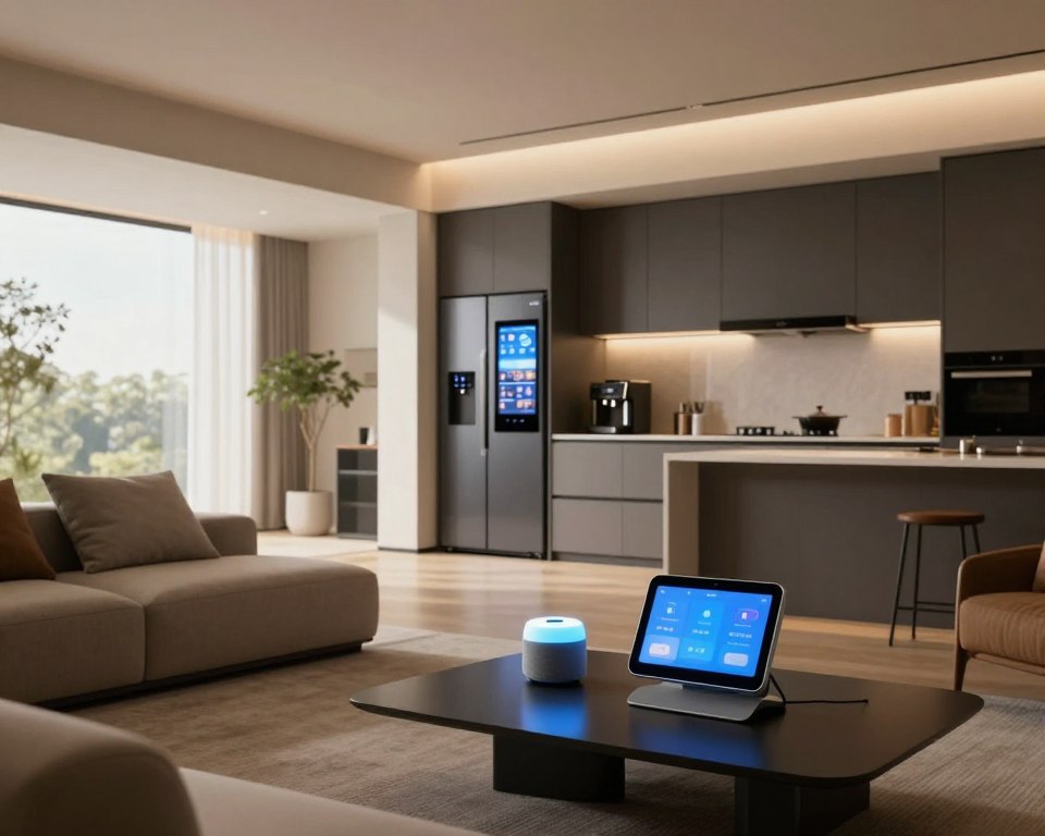 A modern smart home interior focused on automation, designed for a male inhabitant. In the foreground, a sleek, minimalist living room features smart devices like a voice-controlled speaker, automated light switches, and a digital assistant display on a coffee table. In the middle ground, a stylish kitchen showcases smart appliances, such as a refrigerator with a touchscreen interface and an automated coffee maker. The background reveals large windows with natural light streaming in, accentuating the open space. The mood is sophisticated and futuristic, inviting inspiration for automation. Use soft, ambient lighting to create a warm atmosphere, and employ a wide-angle lens perspective to capture the spaciousness of the smart home environment. A modern smart home interior focused on automation, designed for a male inhabitant. In the foreground, a sleek, minimalist living room features smart devices like a voice-controlled speaker, automated light switches, and a digital assistant display on a coffee table. In the middle ground, a stylish kitchen showcases smart appliances, such as a refrigerator with a touchscreen interface and an automated coffee maker. The background reveals large windows with natural light streaming in, accentuating the open space. The mood is sophisticated and futuristic, inviting inspiration for automation. Use soft, ambient lighting to create a warm atmosphere, and employ a wide-angle lens perspective to capture the spaciousness of the smart home environment.