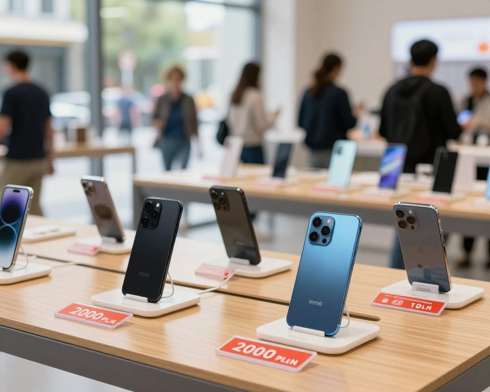 A modern smartphone display setup showcasing various models with attractive promotional tags next to them. The foreground features a sleek black smartphone and a stylish blue smartphone on a polished wooden table, each with price tags of 2000 PLN and promotional discounts. In the middle, a blurred tech store setting with shelves filled with different smartphone brands, highlighting their features. In the background, a soft bokeh effect of a bustling street scene with people casually walking by, dressed in business casual attire. Bright, natural lighting filters in from large windows, creating a fresh and inviting atmosphere. The overall mood is energetic and informative, ideal for illustrating smartphone prices and promotions in 2026.