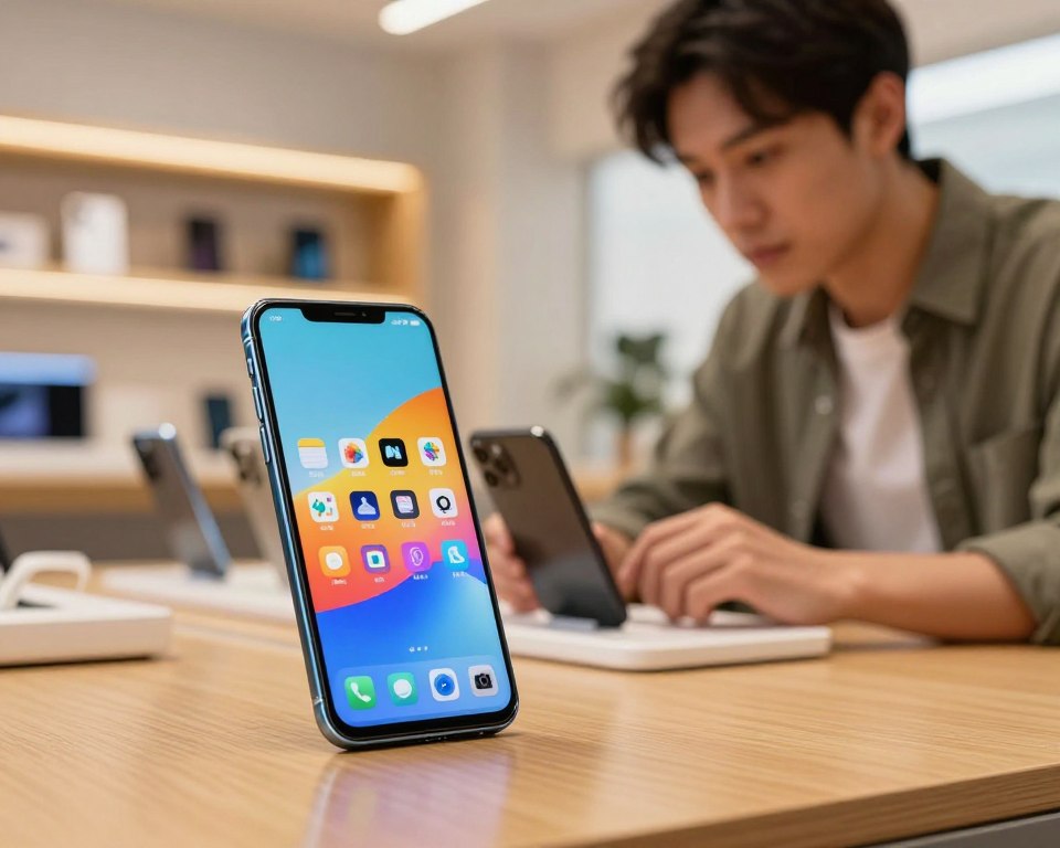 A modern smartphone displayed prominently in the foreground, showcasing its sleek design with a minimalist aesthetic. The device has a vibrant screen illuminated with colorful app icons. In the middle ground, a gentleman in a smart casual outfit is thoughtfully analyzing a selection of smartphones laid out on a wooden table, examining features. The background features a soft focus of a cozy tech store interior with warm lighting, shelves lined with other devices. The scene conveys an atmosphere of decision-making and consumer sophistication, reflecting a sophisticated selection process for choosing the ideal model within a budget of 2000 zl. The lighting is soft, creating a welcoming environment, with a slight tilt-down angle emphasizing the smartphone and the man's focused expression.