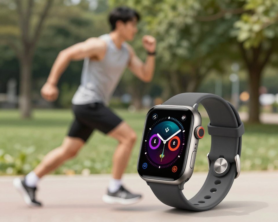 A modern smartwatch showcased prominently in the foreground, displaying a vibrant, colorful interface with fitness tracking metrics like heart rate and steps. The design should be sleek and contemporary, with a metallic finish and a stylish band. In the middle ground, a blurred background depicting a fitness enthusiast in modest athletic wear, engaged in outdoor exercise, adding context to the smartwatch's functionality. The setting is a sunny park, creating a bright, energetic atmosphere. Soft, natural lighting highlights the details of the smartwatch, capturing reflections on its surface. The image should evoke a sense of innovation and active lifestyle, focusing on the practicality and modernity of smartwatches without any text or distractions. A modern smartwatch showcased prominently in the foreground, displaying a vibrant, colorful interface with fitness tracking metrics like heart rate and steps. The design should be sleek and contemporary, with a metallic finish and a stylish band. In the middle ground, a blurred background depicting a fitness enthusiast in modest athletic wear, engaged in outdoor exercise, adding context to the smartwatch's functionality. The setting is a sunny park, creating a bright, energetic atmosphere. Soft, natural lighting highlights the details of the smartwatch, capturing reflections on its surface. The image should evoke a sense of innovation and active lifestyle, focusing on the practicality and modernity of smartwatches without any text or distractions.