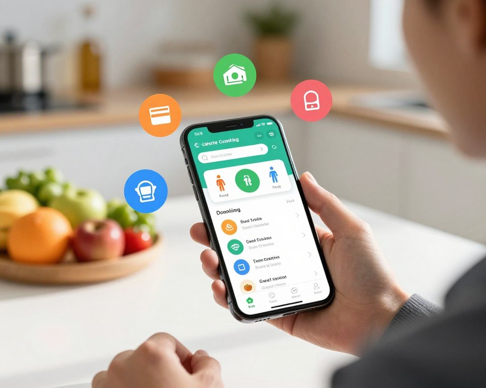 A modern, visually appealing interface of a calorie counting app displayed on a smartphone. In the foreground, the phone is held by a person in professional business attire, showcasing their focus on health. In the middle ground, vibrant icons representing additional features like meal tracking, exercise logging, and integration with fitness devices are depicted. The background features a softly blurred kitchen scene with healthy foods like fruits and vegetables, creating a lifestyle-oriented atmosphere. Bright, natural lighting highlights the phone, casting gentle shadows that add depth. The mood conveys motivation and a commitment to healthy living, with a clear emphasis on technology supporting wellness. A modern, visually appealing interface of a calorie counting app displayed on a smartphone. In the foreground, the phone is held by a person in professional business attire, showcasing their focus on health. In the middle ground, vibrant icons representing additional features like meal tracking, exercise logging, and integration with fitness devices are depicted. The background features a softly blurred kitchen scene with healthy foods like fruits and vegetables, creating a lifestyle-oriented atmosphere. Bright, natural lighting highlights the phone, casting gentle shadows that add depth. The mood conveys motivation and a commitment to healthy living, with a clear emphasis on technology supporting wellness.