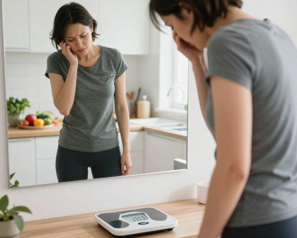 A person standing on a weight scale, looking contemplative and slightly frustrated, dressed in casual athletic wear suitable for exercise. In the foreground, the scale shows an unchanged number, emphasizing the struggle of weight management despite a caloric deficit. In the middle, a mirror reflects the individual's thoughtful expression, capturing the emotional turmoil of maintaining a healthy lifestyle. In the background, a bright, airy kitchen setting with healthy food options visible on the counter, suggesting a dedication to nutritious eating. The lighting is soft and natural, coming from a window, creating an inviting, yet serious atmosphere that conveys the internal conflict of striving for weight loss. The angle is slightly elevated, allowing a clear view of both the subject and the scale. A person standing on a weight scale, looking contemplative and slightly frustrated, dressed in casual athletic wear suitable for exercise. In the foreground, the scale shows an unchanged number, emphasizing the struggle of weight management despite a caloric deficit. In the middle, a mirror reflects the individual's thoughtful expression, capturing the emotional turmoil of maintaining a healthy lifestyle. In the background, a bright, airy kitchen setting with healthy food options visible on the counter, suggesting a dedication to nutritious eating. The lighting is soft and natural, coming from a window, creating an inviting, yet serious atmosphere that conveys the internal conflict of striving for weight loss. The angle is slightly elevated, allowing a clear view of both the subject and the scale.