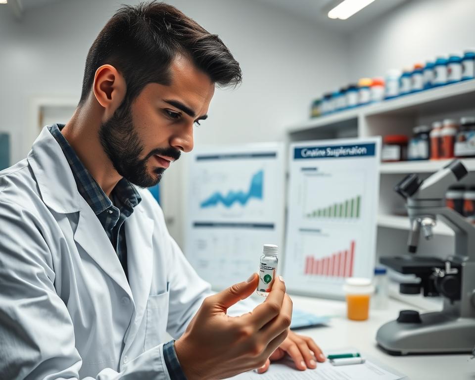 A professional and informative setting featuring a well-lit laboratory or medical office. In the foreground, a focused male researcher wearing a lab coat is carefully analyzing a sample of creatine monohydrate in a small vial, with a microscope and various scientific tools around him. The middle ground displays charts and graphs illustrating the safety and efficacy of creatine supplementation, alongside a well-organized desk with documents. In the background, shelves are lined with nutritional supplements, adding a scientific atmosphere. The lighting is bright and clinical, emphasizing clarity and professionalism. The mood is serious yet optimistic, reflecting a focus on health and safety in supplementation practices.