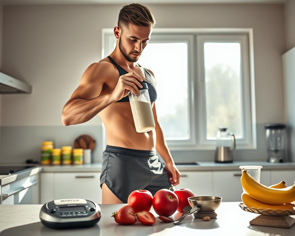 A professional male athlete standing in a bright, modern kitchen, carefully measuring protein powder from a sleek container into a clear shaker bottle. He wears a fitted athletic shirt and shorts, showcasing his toned physique, emphasizing health and fitness. The foreground features the shaker bottle with protein powder, a nutrition scale, and fresh fruits, symbolizing a balanced diet. The middle ground includes a well-organized countertop with additional supplements, measuring spoons, and a small blender. In the background, sunlight filters through a large window, casting soft shadows that create a warm and inviting atmosphere. The overall mood reflects determination, focus, and a commitment to health and nutrition, perfect for conveying the importance of protein intake.