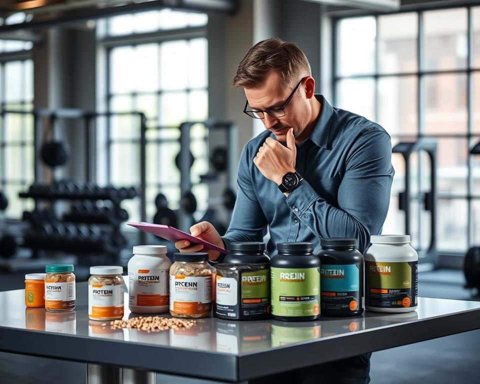 A professional nutritionist in a modern gym setting, thoughtfully analyzing various protein supplements on a sleek table. In the foreground, the nutritionist, a middle-aged man in a smart casual outfit, scribbles notes on a clipboard. The middle ground features an array of colorful protein powders in neatly arranged containers, with labels showing different protein types. In the background, gym equipment is visible, such as weights and exercise mats, creating an environment focused on fitness and health. Soft, natural lighting filters through large gym windows, casting gentle shadows and creating an inviting atmosphere, underscoring the importance of tailored supplementation for fitness goals. The image conveys professionalism, focus, and determination in achieving individual health objectives.