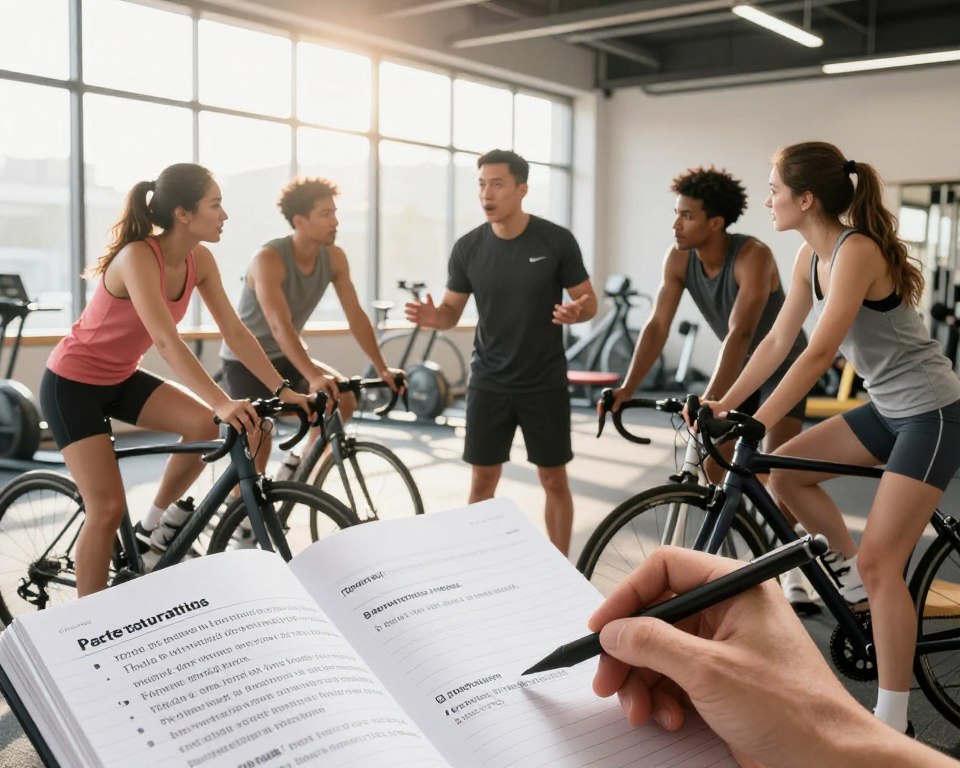 A professional training environment featuring an athletic coach advising a diverse group of athletes, including a female runner, a male cyclist, and a female weightlifter, all dressed in modest sports attire. The foreground shows an open notebook with practical tips visible, such as food options and timing for pre-workout and post-workout meals. In the middle, the coach shares insights energetically, gesturing towards the athletes who are engaged and attentive. The background features a bright, well-lit gymnasium with exercise equipment, promoting a spirited atmosphere. Natural sunlight streams through large windows, casting a warm glow, fostering an uplifting mood conducive to learning and motivation. The composition captures the essence of practical tips for active individuals, emphasizing collaboration and knowledge sharing. A professional training environment featuring an athletic coach advising a diverse group of athletes, including a female runner, a male cyclist, and a female weightlifter, all dressed in modest sports attire. The foreground shows an open notebook with practical tips visible, such as food options and timing for pre-workout and post-workout meals. In the middle, the coach shares insights energetically, gesturing towards the athletes who are engaged and attentive. The background features a bright, well-lit gymnasium with exercise equipment, promoting a spirited atmosphere. Natural sunlight streams through large windows, casting a warm glow, fostering an uplifting mood conducive to learning and motivation. The composition captures the essence of practical tips for active individuals, emphasizing collaboration and knowledge sharing.
