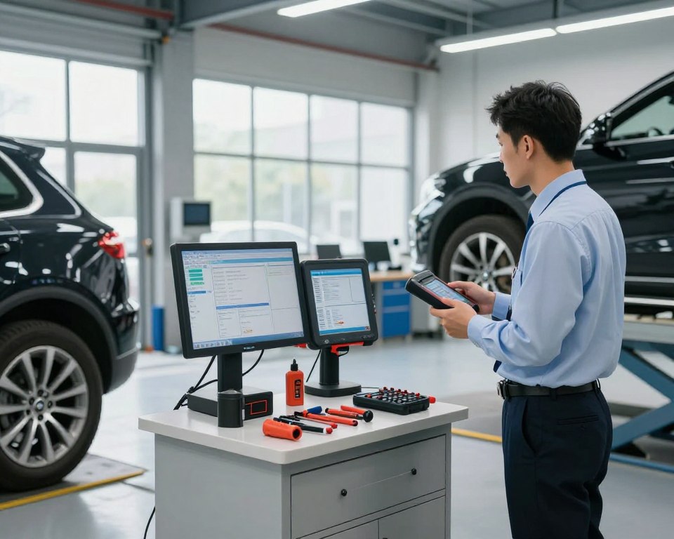 A professional vehicle inspection station interior, featuring a well-lit, spacious garage with modern equipment. In the foreground, a qualified vehicle inspector in smart business attire evaluates a car on a hydraulic lift, using a diagnostic tool. In the middle, various automotive tools and inspection devices are neatly arranged on a workbench, while a digital monitor displays inspection data prominently. In the background, large windows allow natural light to filter in, showcasing an organized and clean workspace. The atmosphere is one of professionalism and precision, with a focus on vehicle safety and compliance. Ensure the lighting is bright and clear, capturing the meticulous nature of the inspection process. A professional vehicle inspection station interior, featuring a well-lit, spacious garage with modern equipment. In the foreground, a qualified vehicle inspector in smart business attire evaluates a car on a hydraulic lift, using a diagnostic tool. In the middle, various automotive tools and inspection devices are neatly arranged on a workbench, while a digital monitor displays inspection data prominently. In the background, large windows allow natural light to filter in, showcasing an organized and clean workspace. The atmosphere is one of professionalism and precision, with a focus on vehicle safety and compliance. Ensure the lighting is bright and clear, capturing the meticulous nature of the inspection process.