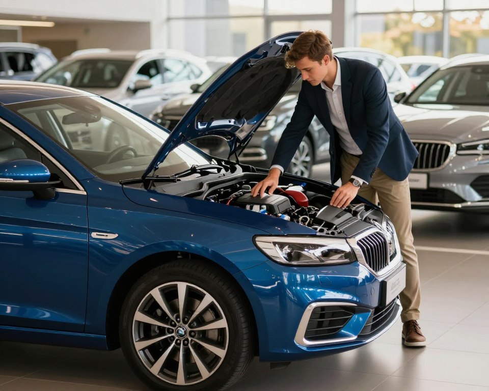 A reliable used car under 30,000 PLN, depicted in a detailed and engaging scene. In the foreground, feature a sleek, well-maintained sedan with a shiny exterior that highlights its curves and design, showcasing a rich metallic blue color. The middle ground should include a knowledgeable car enthusiast dressed in smart casual attire, inspecting the car's engine with a focused expression, symbolizing the importance of a careful examination before purchase. In the background, gently blurred, there should be a clean, sunlit automotive showroom filled with other attractive used cars to illustrate variety and affordability. The lighting should be warm and inviting, creating a positive atmosphere. Capture the image from a slightly lower angle to emphasize the car's impressive stance and reliability. A reliable used car under 30,000 PLN, depicted in a detailed and engaging scene. In the foreground, feature a sleek, well-maintained sedan with a shiny exterior that highlights its curves and design, showcasing a rich metallic blue color. The middle ground should include a knowledgeable car enthusiast dressed in smart casual attire, inspecting the car's engine with a focused expression, symbolizing the importance of a careful examination before purchase. In the background, gently blurred, there should be a clean, sunlit automotive showroom filled with other attractive used cars to illustrate variety and affordability. The lighting should be warm and inviting, creating a positive atmosphere. Capture the image from a slightly lower angle to emphasize the car's impressive stance and reliability.