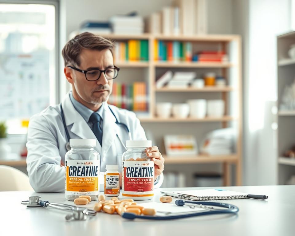 A scientific and health-focused scene illustrating the safety of creatine supplementation. In the foreground, a professional health expert, dressed in a white lab coat and glasses, is examining a jar of creatine supplement with a thoughtful expression. In the middle ground, a well-organized table displays various supplements with a stethoscope and medical notes, conveying a sense of research and study. The background features a soft-focus laboratory environment with shelves of medical books and nutrition charts, emphasizing the theme of health safety. Bright, natural lighting streams from a nearby window, creating a warm and trustworthy atmosphere. The composition captures a balance between professionalism and a reassuring environment, inviting a sense of reliability and safety in creatine use for healthy individuals. A scientific and health-focused scene illustrating the safety of creatine supplementation. In the foreground, a professional health expert, dressed in a white lab coat and glasses, is examining a jar of creatine supplement with a thoughtful expression. In the middle ground, a well-organized table displays various supplements with a stethoscope and medical notes, conveying a sense of research and study. The background features a soft-focus laboratory environment with shelves of medical books and nutrition charts, emphasizing the theme of health safety. Bright, natural lighting streams from a nearby window, creating a warm and trustworthy atmosphere. The composition captures a balance between professionalism and a reassuring environment, inviting a sense of reliability and safety in creatine use for healthy individuals.