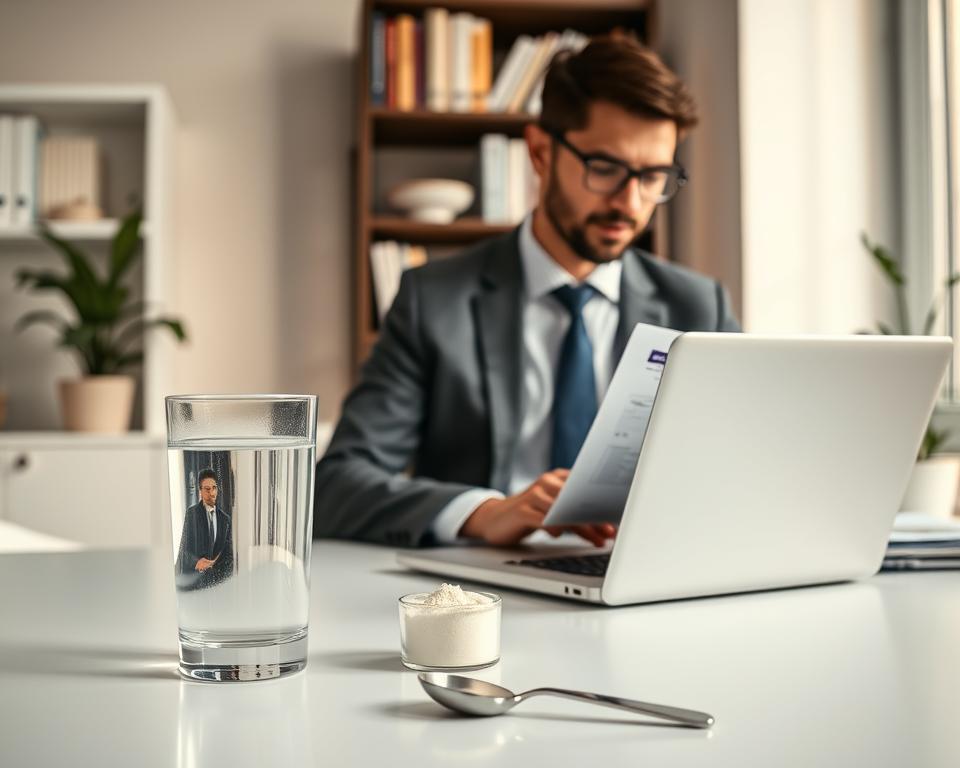A scientifically designed workspace featuring a clean, organized desk with a laptop open to a research article on creatine safety. In the foreground, a clear glass filled with water, alongside a small container of creatine powder and a measuring spoon, symbolizes careful dosage. The middle ground showcases a well-groomed professional in a smart casual outfit, analyzing data on the laptop with a focused expression, emphasizing a sense of health and responsibility. The background includes a bookshelf filled with health-related literature and a potted plant, contributing to a serene atmosphere. The lighting is soft and warm, creating an inviting and safe ambiance, while a slight depth of field draws attention to the foreground elements. A scientifically designed workspace featuring a clean, organized desk with a laptop open to a research article on creatine safety. In the foreground, a clear glass filled with water, alongside a small container of creatine powder and a measuring spoon, symbolizes careful dosage. The middle ground showcases a well-groomed professional in a smart casual outfit, analyzing data on the laptop with a focused expression, emphasizing a sense of health and responsibility. The background includes a bookshelf filled with health-related literature and a potted plant, contributing to a serene atmosphere. The lighting is soft and warm, creating an inviting and safe ambiance, while a slight depth of field draws attention to the foreground elements.