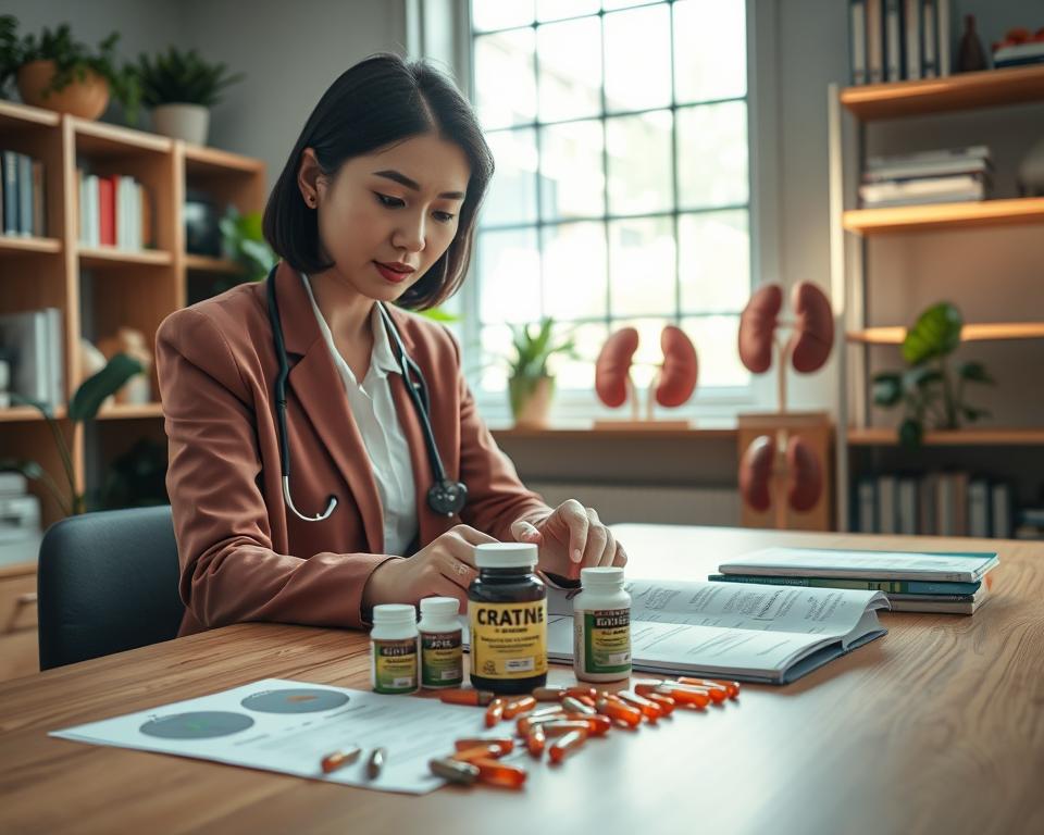A serene and informative wellness scene depicting a professional setting focused on health and fitness. In the foreground, a well-dressed healthcare professional, portrayed as a middle-aged Asian woman, examines a collection of creatine supplements and kidney health charts on a clean wooden desk. The middle ground features a large window with soft, natural light pouring in, illuminating green plants that symbolize vitality. In the background, shelves are filled with health books and anatomical models of kidneys, enhancing the educational atmosphere. The mood is calm yet engaging, conveying a sense of careful consideration and safety regarding health supplementation. The perspective is slightly elevated, capturing the organized workspace, with a warm color palette inviting trust and professionalism. A serene and informative wellness scene depicting a professional setting focused on health and fitness. In the foreground, a well-dressed healthcare professional, portrayed as a middle-aged Asian woman, examines a collection of creatine supplements and kidney health charts on a clean wooden desk. The middle ground features a large window with soft, natural light pouring in, illuminating green plants that symbolize vitality. In the background, shelves are filled with health books and anatomical models of kidneys, enhancing the educational atmosphere. The mood is calm yet engaging, conveying a sense of careful consideration and safety regarding health supplementation. The perspective is slightly elevated, capturing the organized workspace, with a warm color palette inviting trust and professionalism.