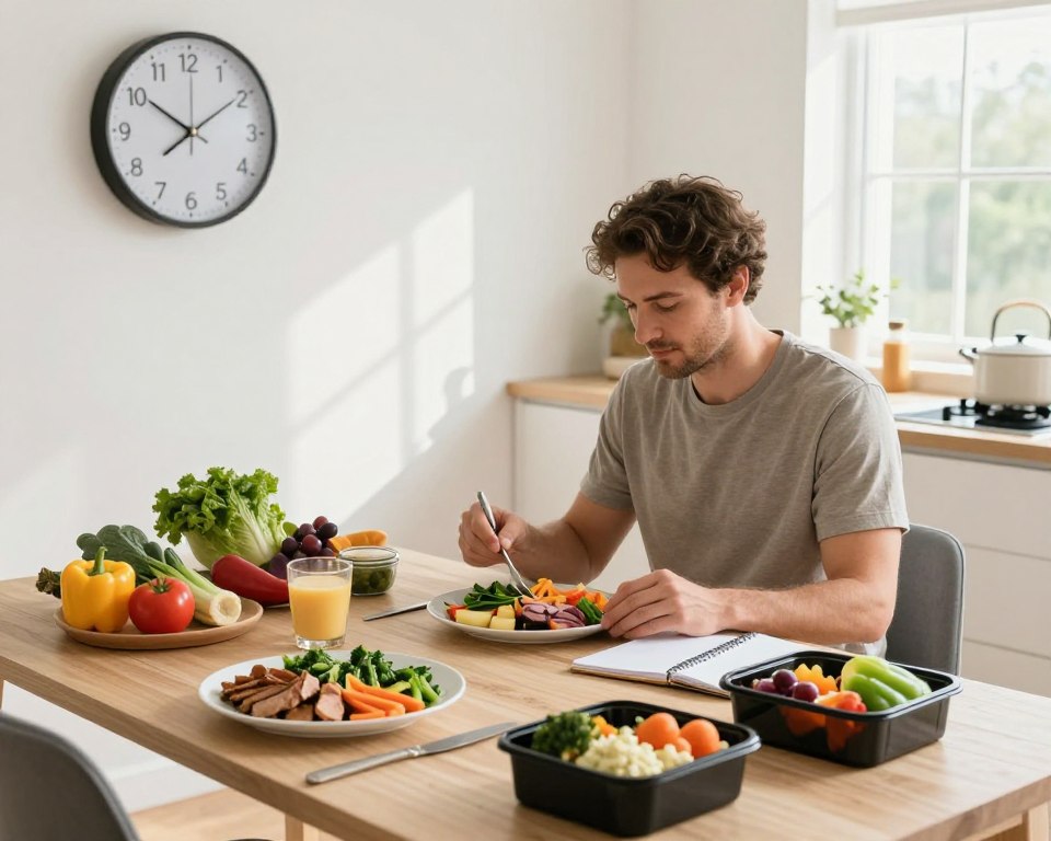 A serene kitchen setting illustrating an optimal 16/8 intermittent fasting eating window. In the foreground, a well-organized, beautifully laid out dining table featuring healthy, balanced meals rich in vegetables, lean proteins, and healthy fats. A clock on the wall shows the timing of the eating window. In the middle, a man in modest casual attire is thoughtfully planning his meals, surrounded by fresh ingredients and a meal prep notebook. In the background, bright natural light streams through a window, creating a warm, inviting atmosphere that conveys a sense of calm and focus. The overall mood is motivational and encouraging, emphasizing health and well-being. The image should be professionally composed, shot from a slightly elevated angle for depth. A serene kitchen setting illustrating an optimal 16/8 intermittent fasting eating window. In the foreground, a well-organized, beautifully laid out dining table featuring healthy, balanced meals rich in vegetables, lean proteins, and healthy fats. A clock on the wall shows the timing of the eating window. In the middle, a man in modest casual attire is thoughtfully planning his meals, surrounded by fresh ingredients and a meal prep notebook. In the background, bright natural light streams through a window, creating a warm, inviting atmosphere that conveys a sense of calm and focus. The overall mood is motivational and encouraging, emphasizing health and well-being. The image should be professionally composed, shot from a slightly elevated angle for depth.