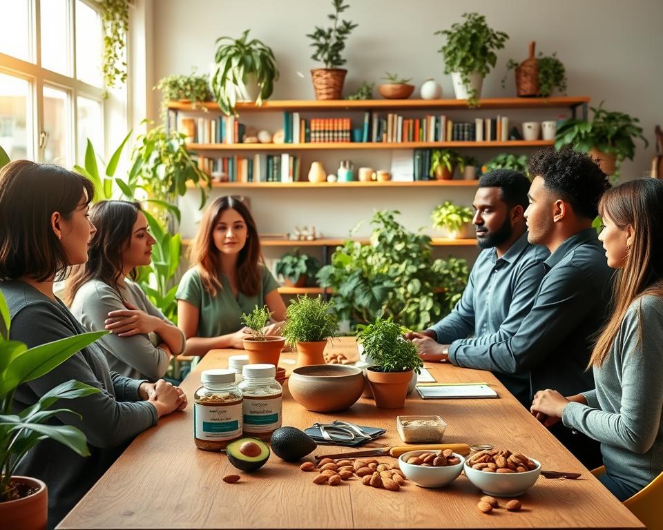 A serene wellness scene depicting natural methods for hormonal support, featuring a sunlit indoor environment filled with plants and herbs. In the foreground, a diverse group of professionals in modest casual attire are engaged in a discussion around a wooden table, with supplements and organic food items like avocados and almonds displayed. In the middle ground, shelves lined with healthy living books and natural remedies create an inviting atmosphere. Bright, warm lighting enhances the peaceful mood, while a soft-focus effect on the background emphasizes the importance of the discussion. The overall tone is positive and motivating, illustrating a holistic approach to health and testosterone support.