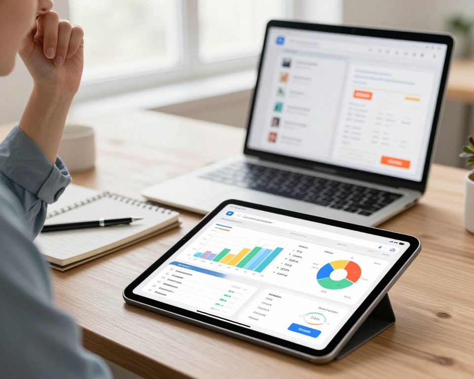 A sleek and modern workspace setting featuring a high-tech digital interface displaying various calorie counting app features. In the foreground, a tablet is placed on a wooden desk, showing an attractive app layout with colorful graphs and statistics. To the left, a close-up of a person in smart casual attire analyzing the app, engaged in deep thought, with a notepad and pen beside them. In the middle ground, a laptop displaying side-by-side comparisons of different applications. The background features a bright window with soft natural light illuminating the space, creating a warm and inviting atmosphere. The focus is sharp on the tablet and user, with a slight bokeh effect on the background, emphasizing clarity and professionalism. A sleek and modern workspace setting featuring a high-tech digital interface displaying various calorie counting app features. In the foreground, a tablet is placed on a wooden desk, showing an attractive app layout with colorful graphs and statistics. To the left, a close-up of a person in smart casual attire analyzing the app, engaged in deep thought, with a notepad and pen beside them. In the middle ground, a laptop displaying side-by-side comparisons of different applications. The background features a bright window with soft natural light illuminating the space, creating a warm and inviting atmosphere. The focus is sharp on the tablet and user, with a slight bokeh effect on the background, emphasizing clarity and professionalism.