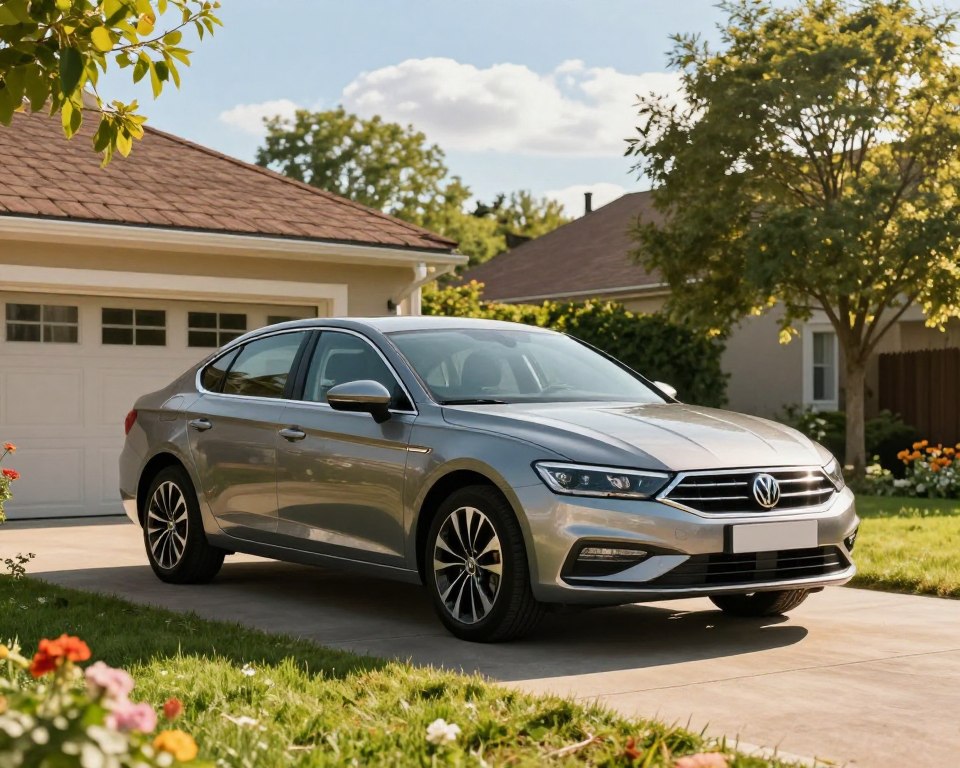 A sleek, gently used car under the warm afternoon sunlight, showcasing a model priced around 30,000 zł. The car should be parked in a suburban driveway, surrounded by a well-maintained lawn and blooming flowers. In the foreground, highlight the car's shiny exterior, emphasizing its modern design and details like alloy wheels and distinct headlights. In the middle ground, include a tidy garage and nearby trees that filter the sunlight, creating a calm and inviting atmosphere. The background should feature a clear blue sky with a few fluffy clouds, evoking a sense of reliability and comfort. The overall mood is friendly and practical, focused on the concept of a family-friendly vehicle option. A sleek, gently used car under the warm afternoon sunlight, showcasing a model priced around 30,000 zł. The car should be parked in a suburban driveway, surrounded by a well-maintained lawn and blooming flowers. In the foreground, highlight the car's shiny exterior, emphasizing its modern design and details like alloy wheels and distinct headlights. In the middle ground, include a tidy garage and nearby trees that filter the sunlight, creating a calm and inviting atmosphere. The background should feature a clear blue sky with a few fluffy clouds, evoking a sense of reliability and comfort. The overall mood is friendly and practical, focused on the concept of a family-friendly vehicle option.