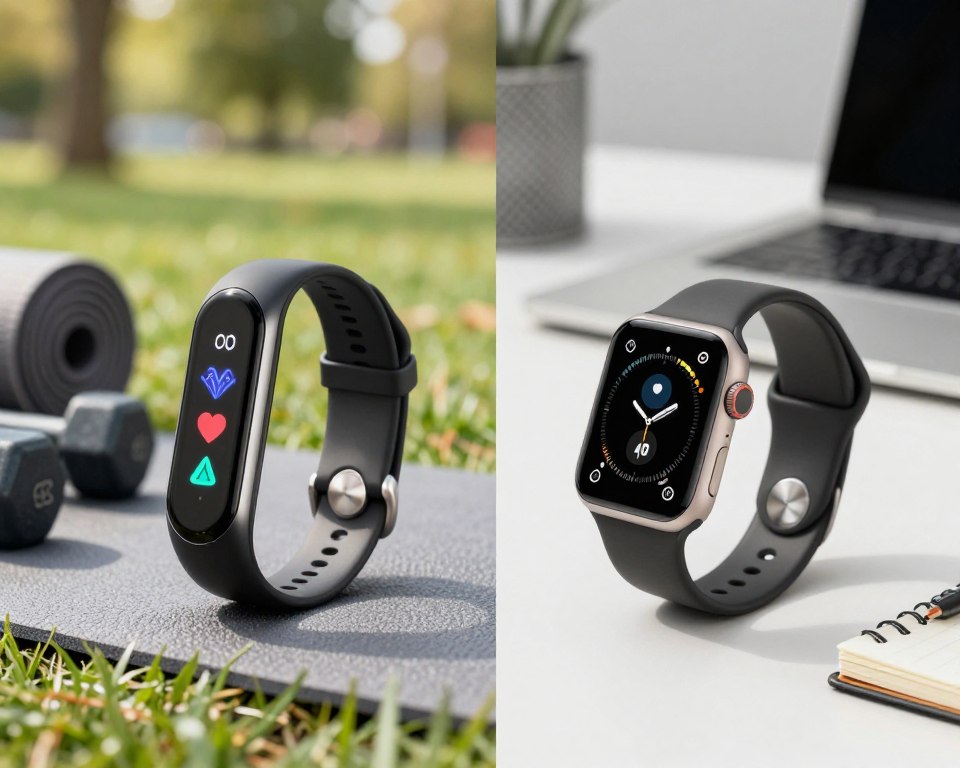 A split-image composition contrasting a fitness band and a smartwatch, showcasing their main differences. On the left, a sleek, modern fitness band with a vibrant display, featuring heart rate and step count metrics in a casual outdoor setting, surrounded by exercise equipment like dumbbells and a yoga mat. The background is a bright, sunny park with trees. On the right, a sophisticated smartwatch displaying notifications and weather updates on a stylish wrist, set against a classy office background with a laptop and notepad. Use natural light to enhance the clarity and draw attention to the devices, highlighting their functional designs. Emphasize the contrast in style and purpose, portraying a sense of active lifestyle versus professional utility. A split-image composition contrasting a fitness band and a smartwatch, showcasing their main differences. On the left, a sleek, modern fitness band with a vibrant display, featuring heart rate and step count metrics in a casual outdoor setting, surrounded by exercise equipment like dumbbells and a yoga mat. The background is a bright, sunny park with trees. On the right, a sophisticated smartwatch displaying notifications and weather updates on a stylish wrist, set against a classy office background with a laptop and notepad. Use natural light to enhance the clarity and draw attention to the devices, highlighting their functional designs. Emphasize the contrast in style and purpose, portraying a sense of active lifestyle versus professional utility.