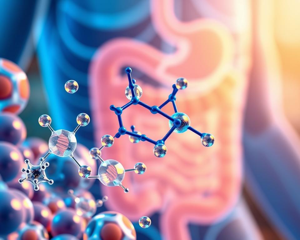 A vibrant and engaging illustration depicting the absorption of magnesium, highlighting the role of vitamin B6. In the foreground, a stylized representation of magnesium molecules being absorbed by human cells, illustrated in a clear and colorful manner. In the middle ground, depict vitamin B6 molecules intertwining with magnesium, symbolizing their interaction and enhancing absorption. The background should feature a softly blurred, abstract representation of a human digestive system, using gentle, warm hues to create an uplifting and educational atmosphere. Utilize soft, diffused lighting to highlight the details, with a slight focus depth effect to draw attention to the foreground. The overall mood should be informative yet inviting, emphasizing the importance of magnesium supplementation. A vibrant and engaging illustration depicting the absorption of magnesium, highlighting the role of vitamin B6. In the foreground, a stylized representation of magnesium molecules being absorbed by human cells, illustrated in a clear and colorful manner. In the middle ground, depict vitamin B6 molecules intertwining with magnesium, symbolizing their interaction and enhancing absorption. The background should feature a softly blurred, abstract representation of a human digestive system, using gentle, warm hues to create an uplifting and educational atmosphere. Utilize soft, diffused lighting to highlight the details, with a slight focus depth effect to draw attention to the foreground. The overall mood should be informative yet inviting, emphasizing the importance of magnesium supplementation.