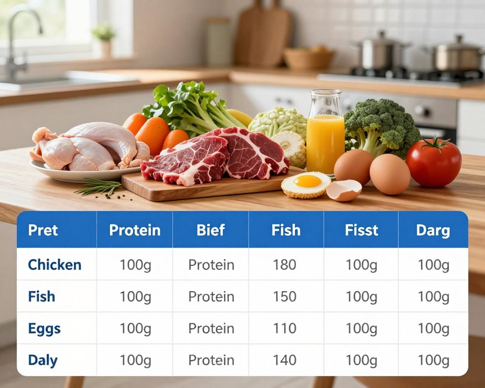 A visually appealing and informative image of a protein sources table specifically for men, focusing on animal products. In the foreground, display a neatly organized table with sections for various animal-based protein sources such as chicken, beef, fish, eggs, and dairy, each accompanied by their protein content per 100g. The middle ground features an assortment of these protein-rich foods artfully arranged on a wooden kitchen table, with vibrant colors enhancing their freshness. In the background, softly blurred kitchen elements create a warm and inviting atmosphere, illuminated by natural light streaming in from a window. The overall mood conveys health and vitality, inviting viewers to consider these strong sources of protein in their diet.